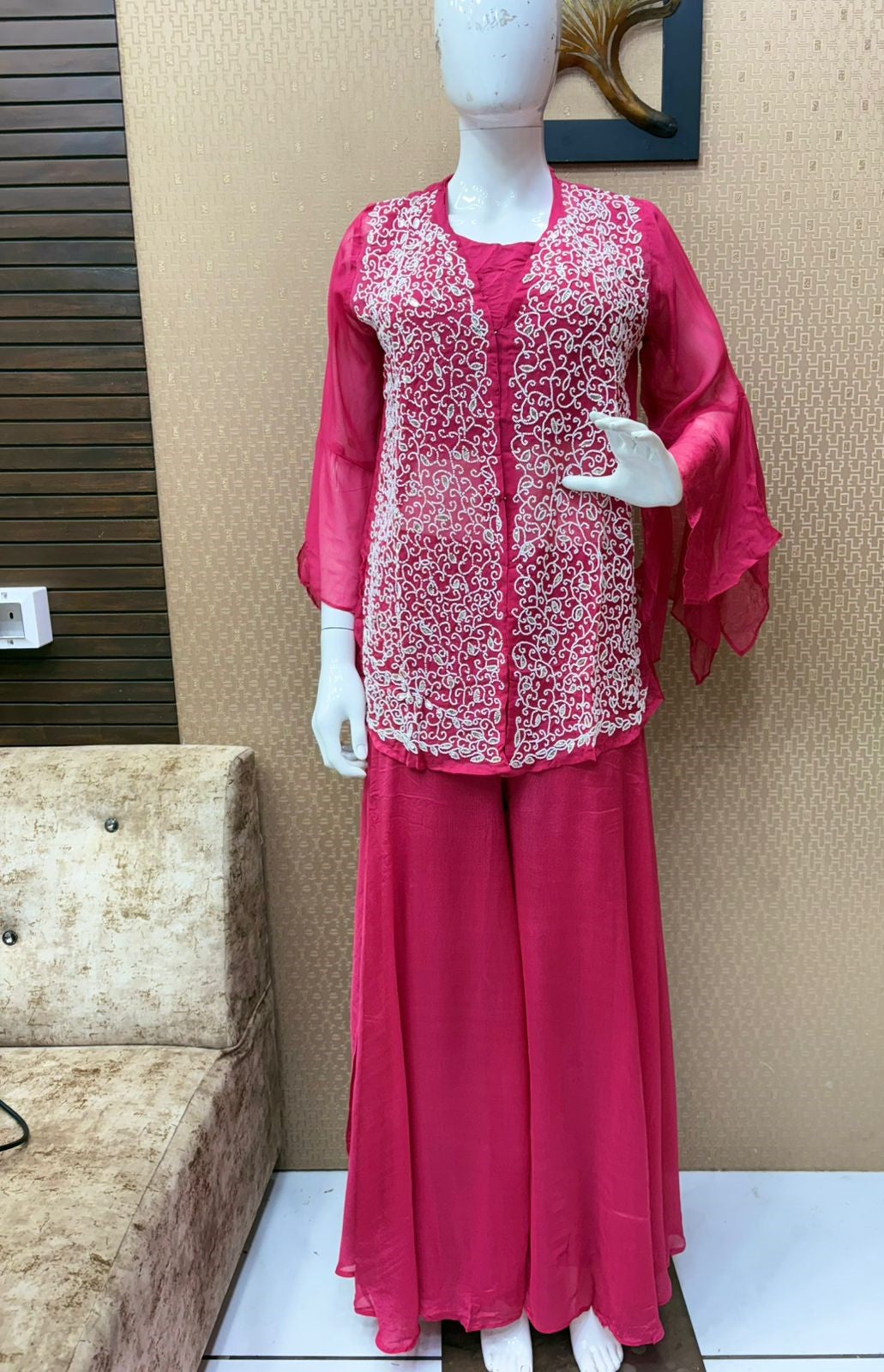 Pure Chinon Pearl Handwork Party Wear 3pc Set Pink Color