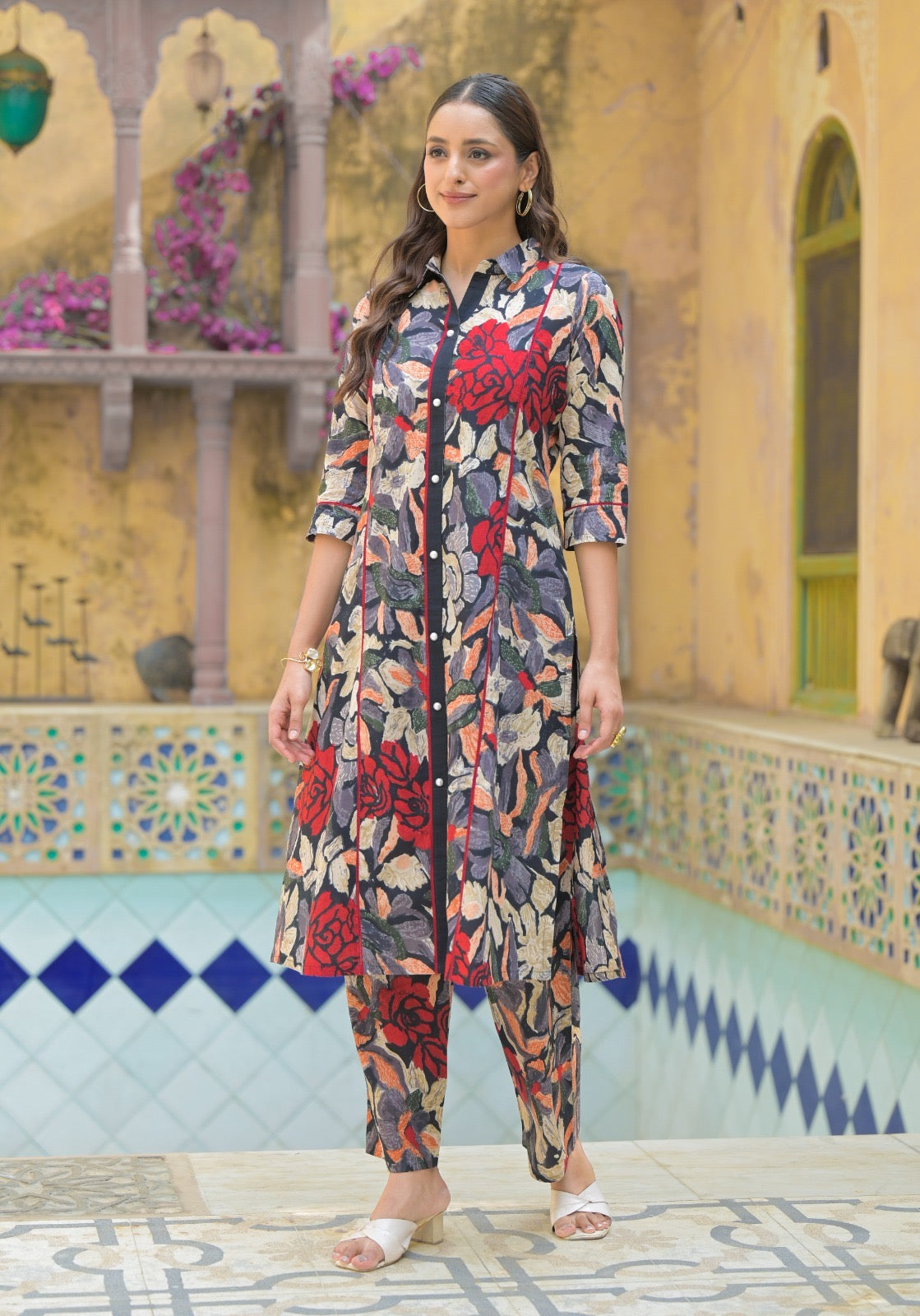 Pure Cotton 2pc Cordset Floral Print Black Color
