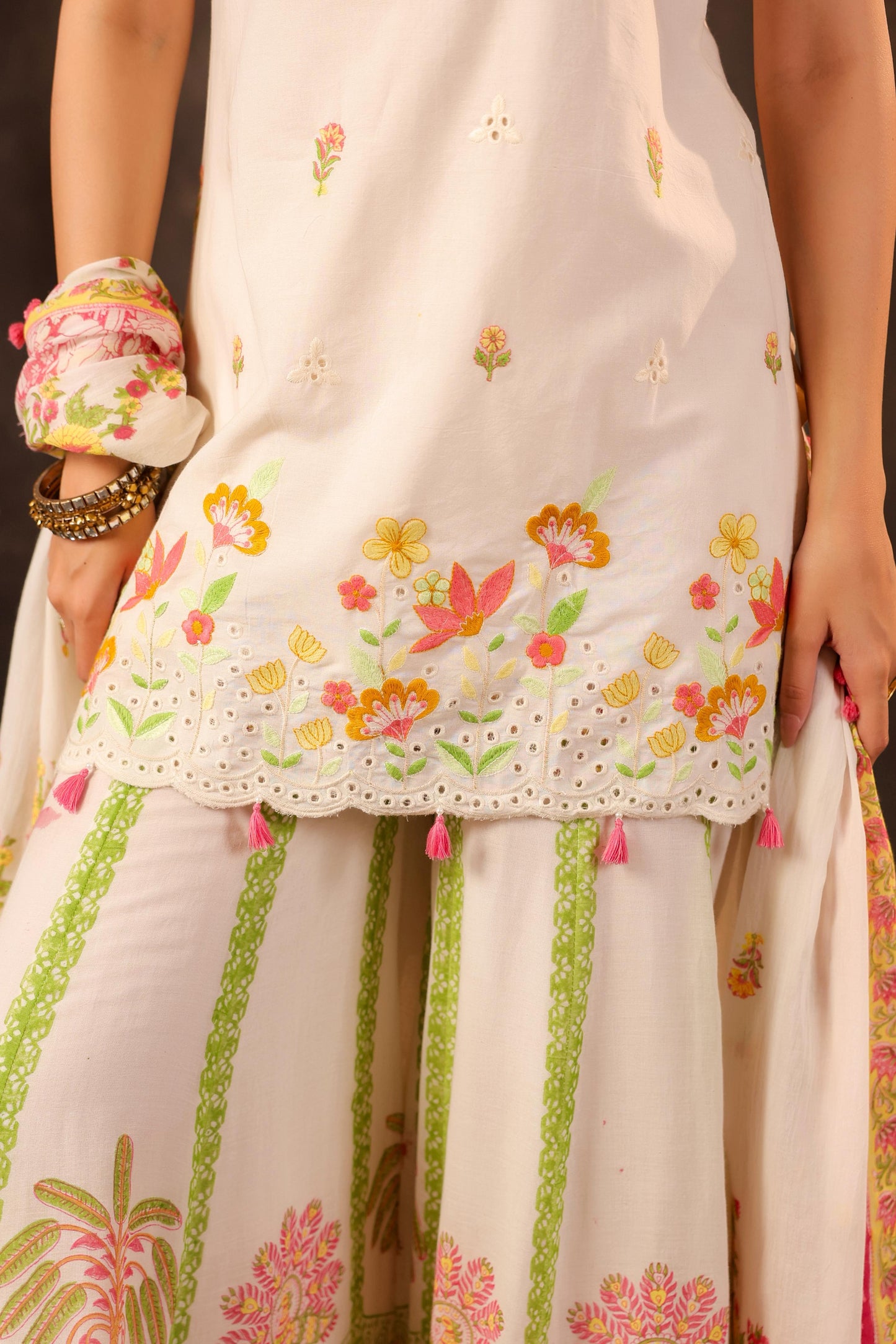 Pure Cotton Off-White & Green Sharara 3 PC Set