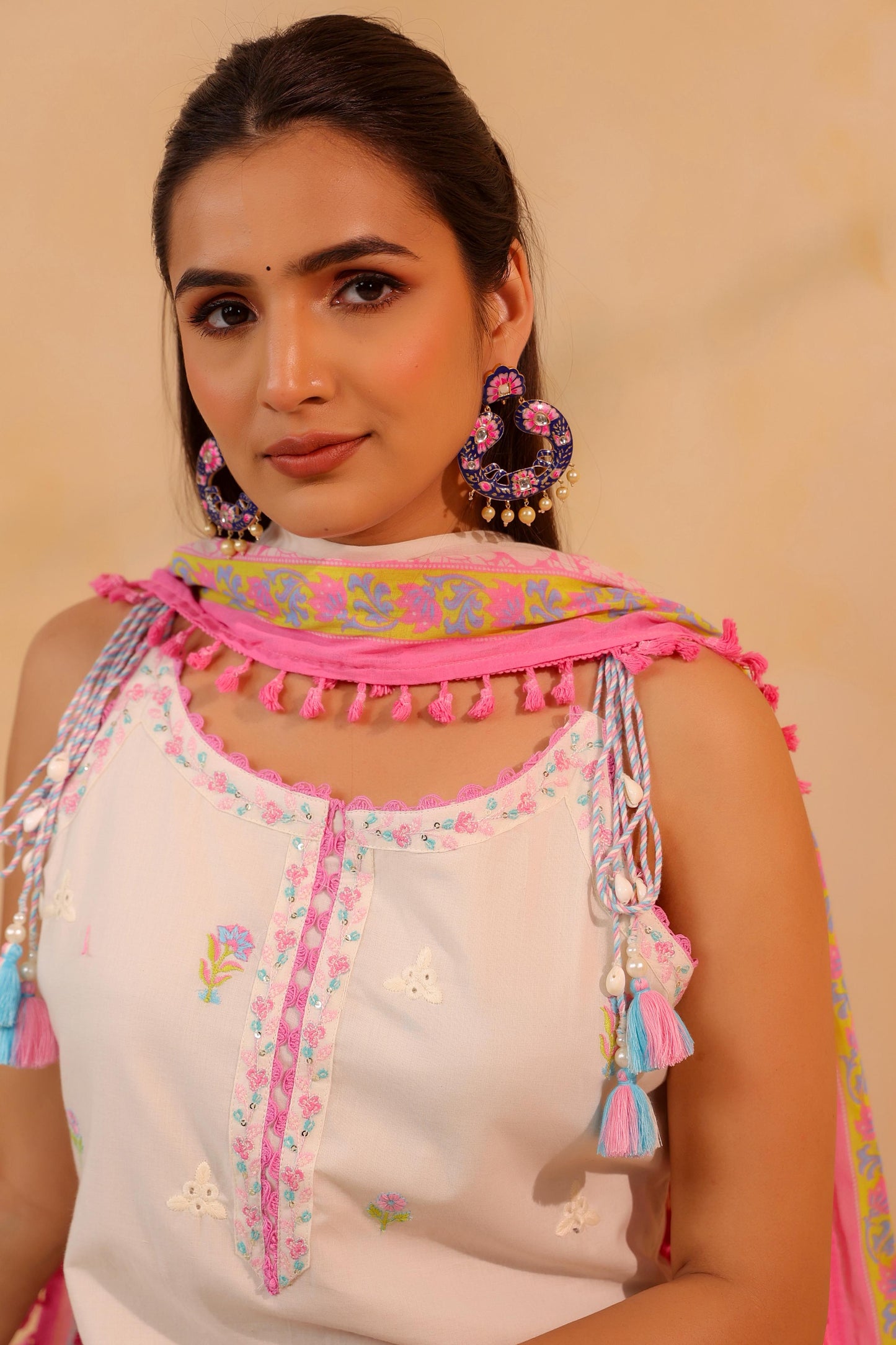 Pure Cotton Off-White & Blue Sharara 3 PC Set