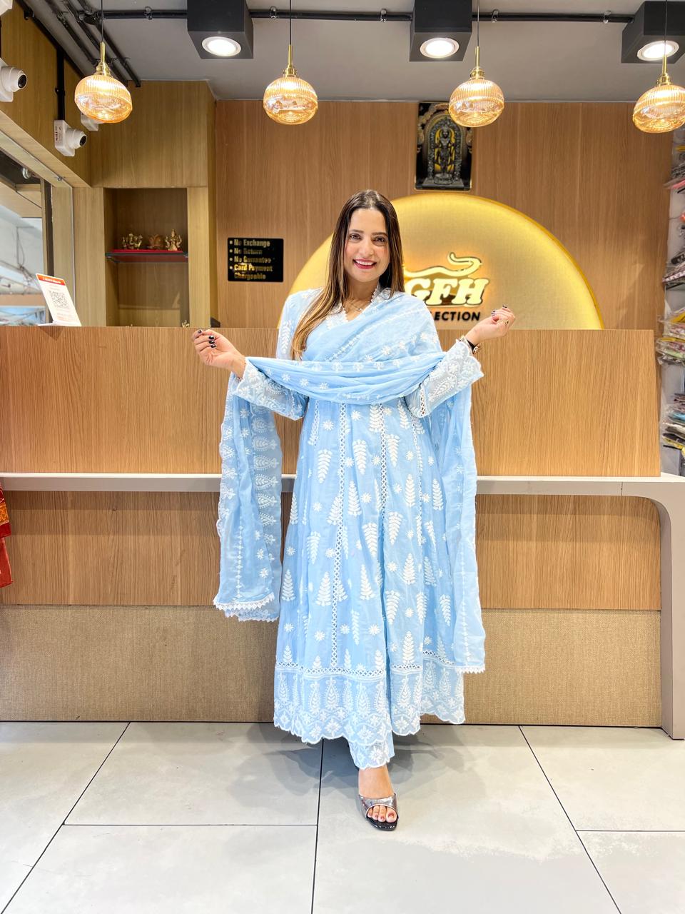 Pure Mull Cotton Blue Shoulder Anarkali 3pc Set