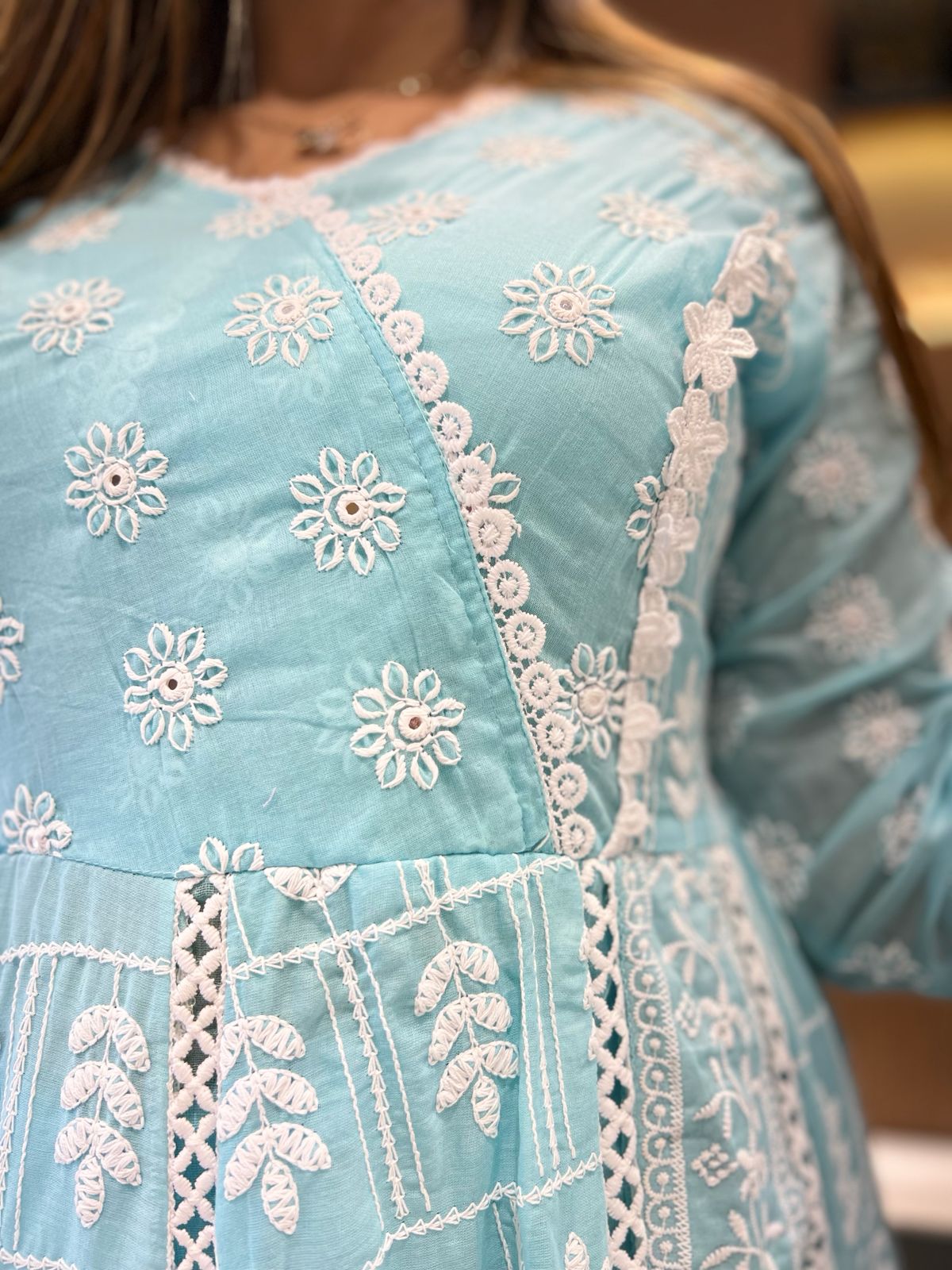 Pure Mull Cotton Sky Blue Anarkali 3pc Set