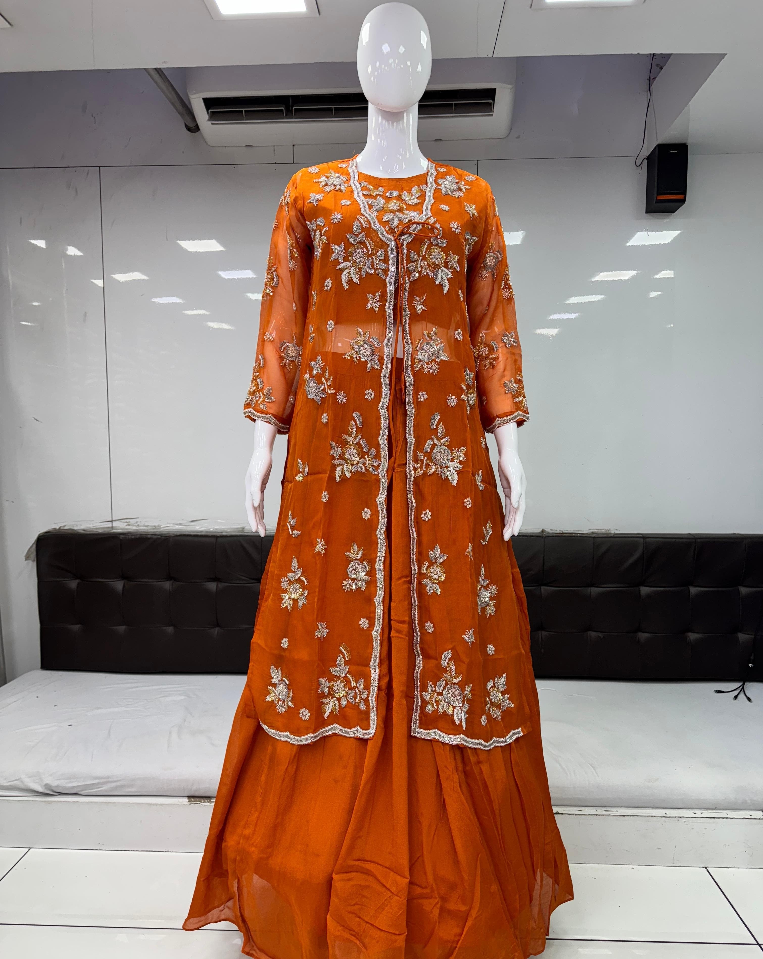 Pure Chinon Culkatta Handwork 3pc Set Orange Color