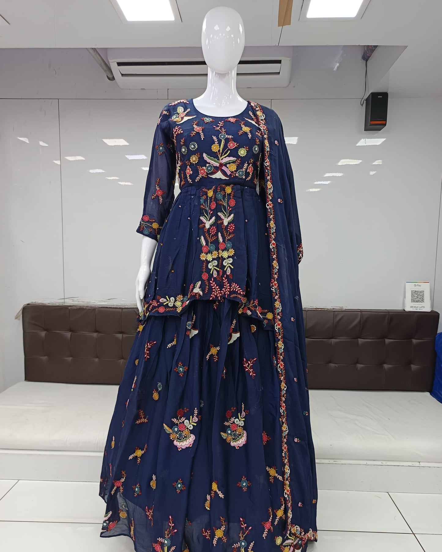 Pure Chinon Handwork Party Wear 3pc Set Bottom Skirt Navy Blue Color