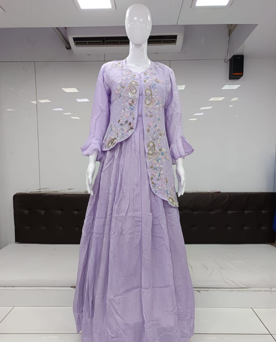 Pure Chinon Handwork Party Wear Gown Light Purple Color