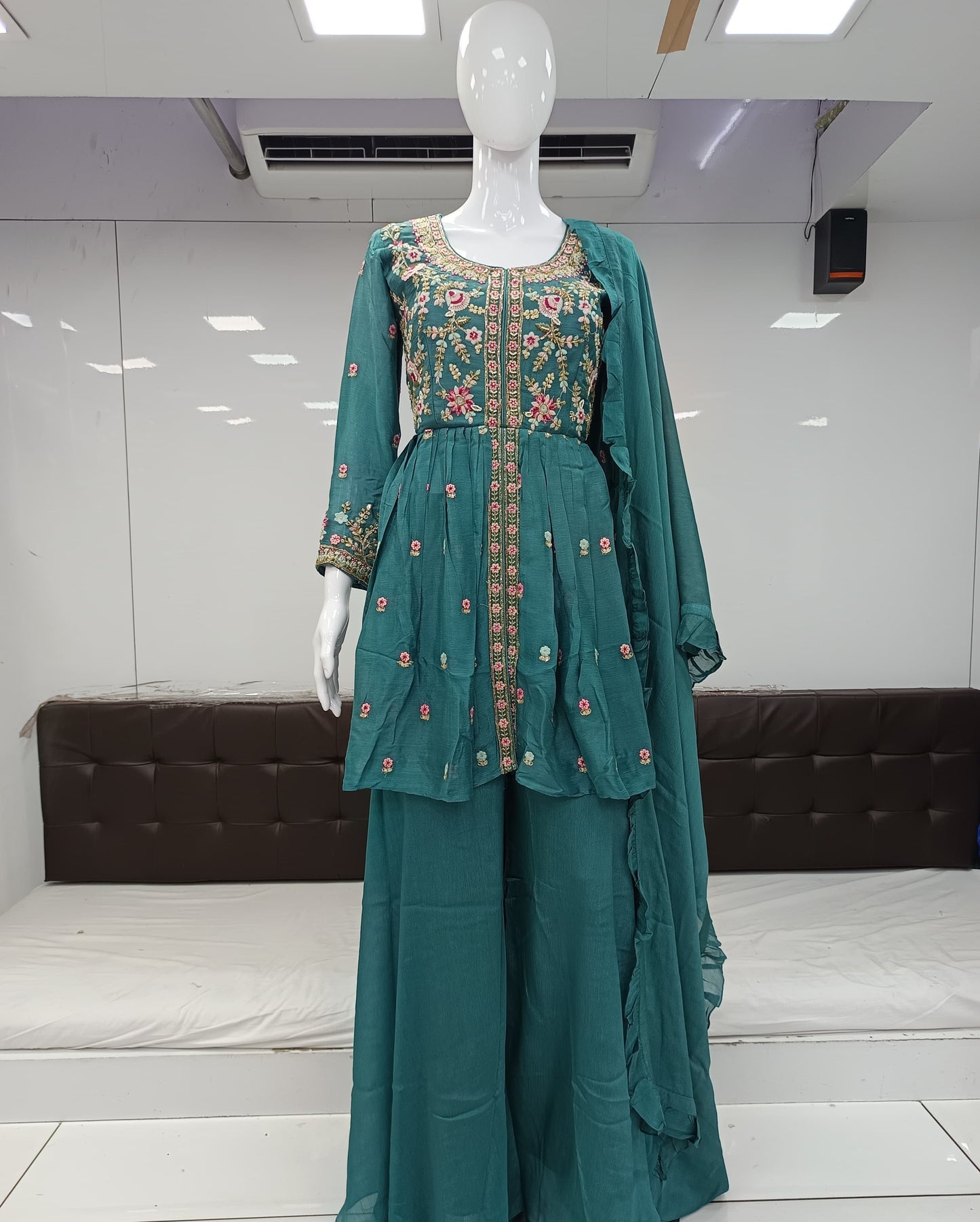 Pure Chinon Handwork Party Wear 3pc Set Ocean Green Color