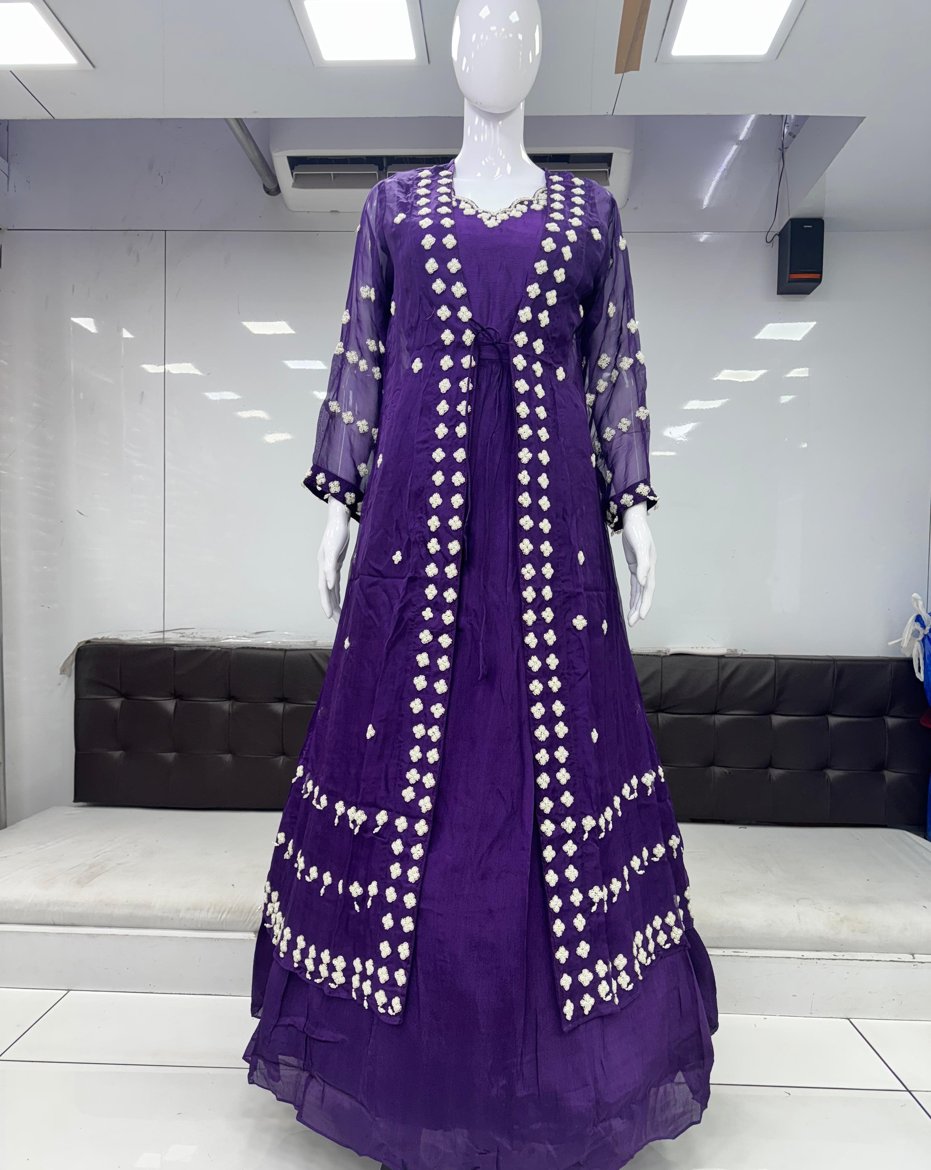 Pure Chinon Gown Handwork Party Wear Dark Purple Color
