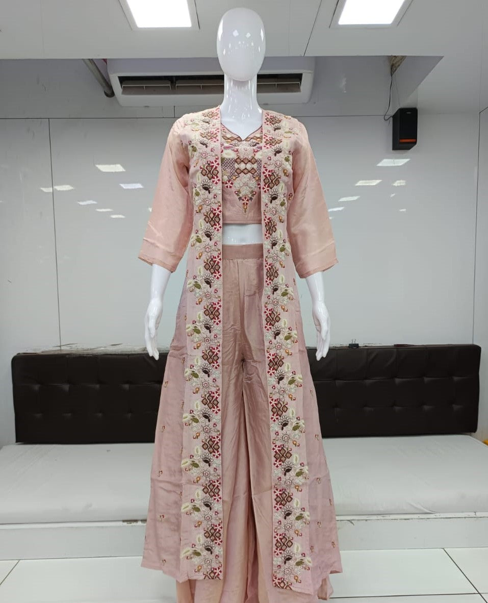 Pure Simmer Tissue Handwork party Wear 3pc Set Light Pink Color