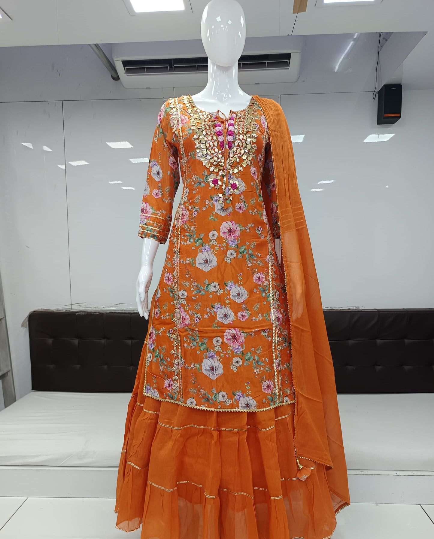 Pure Muslin Hand Detailing Work Party Wear Gown Orange Color