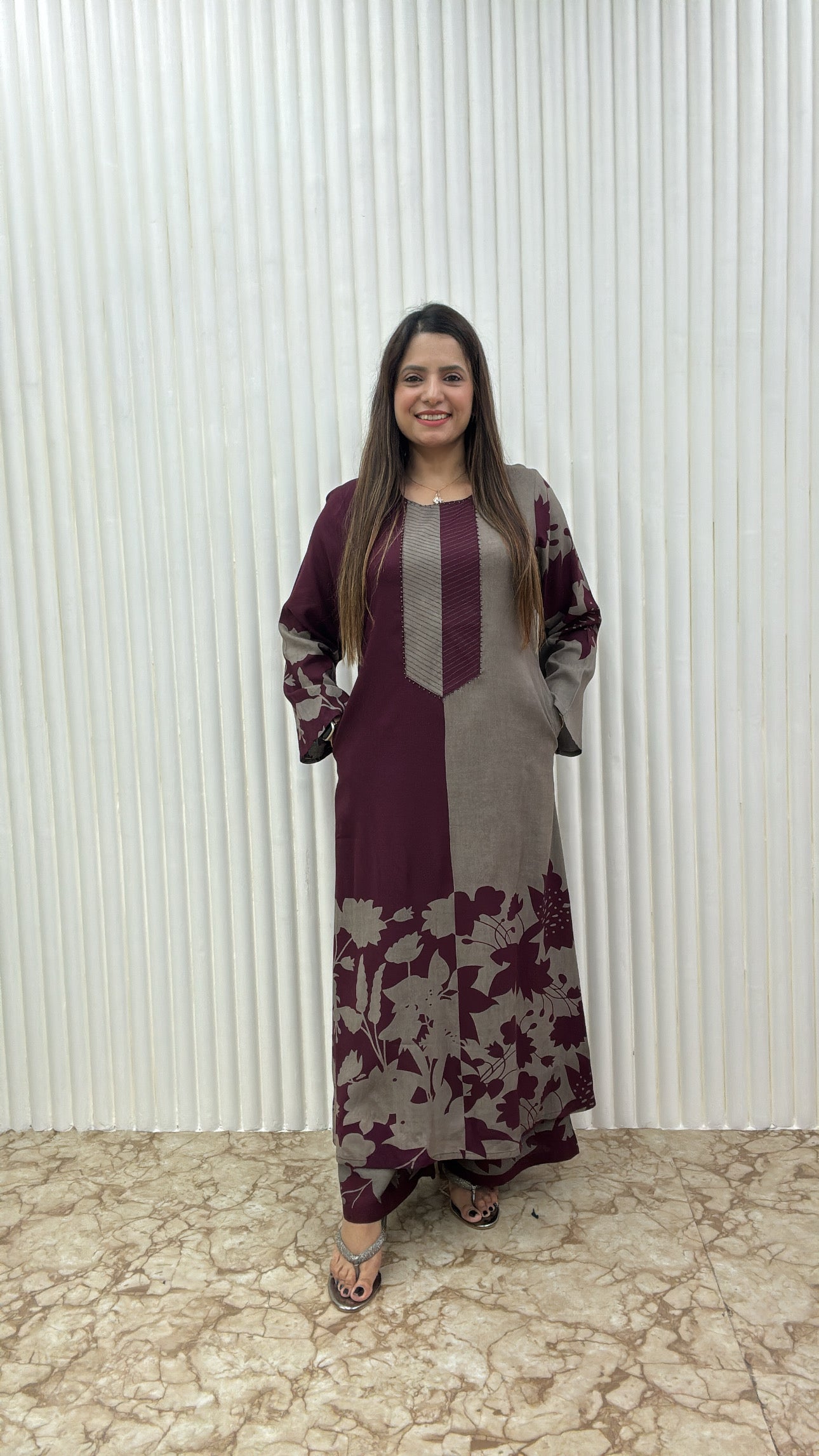 Premium Viscose German Rayon Long Co-ord Set with C-Cut Pattern Plum Wine, grey combination