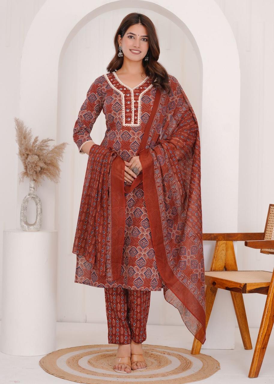 Premium Jaipuri Cotton Ajrak Print 3 Piece Set