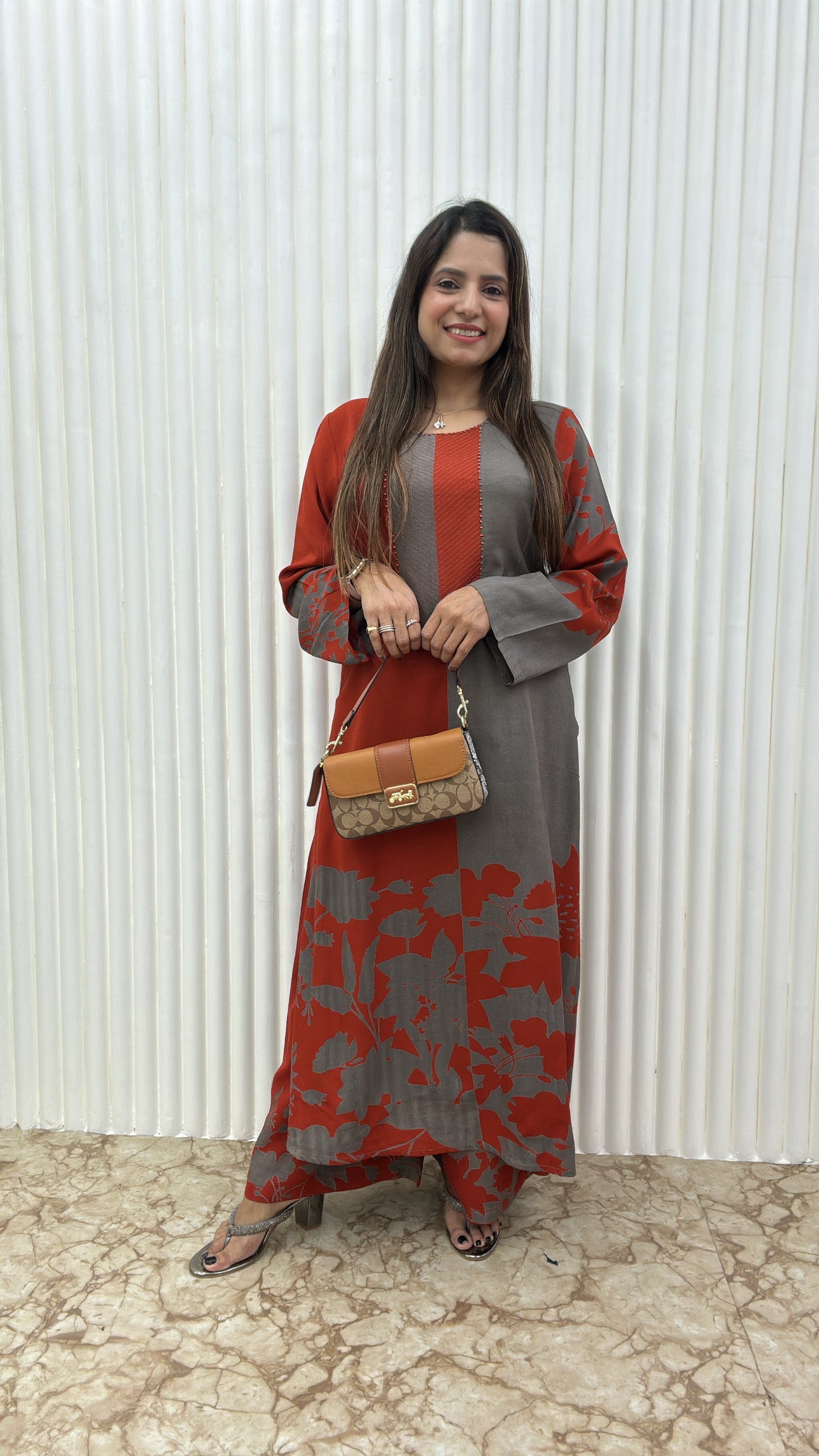 Premium Viscose German Rayon Long Co-ord Set with C-Cut Pattern Rust orange, grey combination