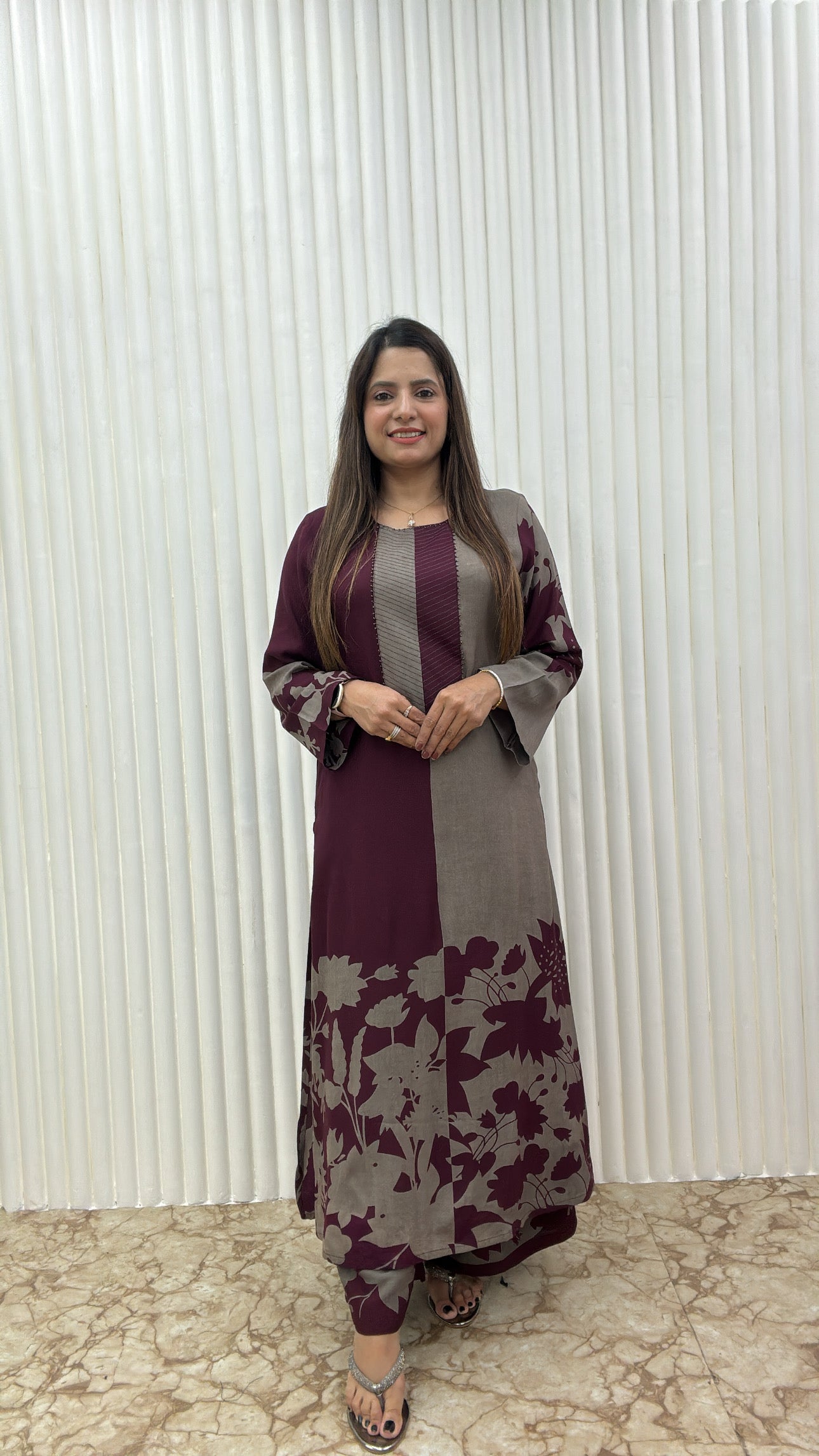 Premium Viscose German Rayon Long Co-ord Set with C-Cut Pattern Plum Wine, grey combination