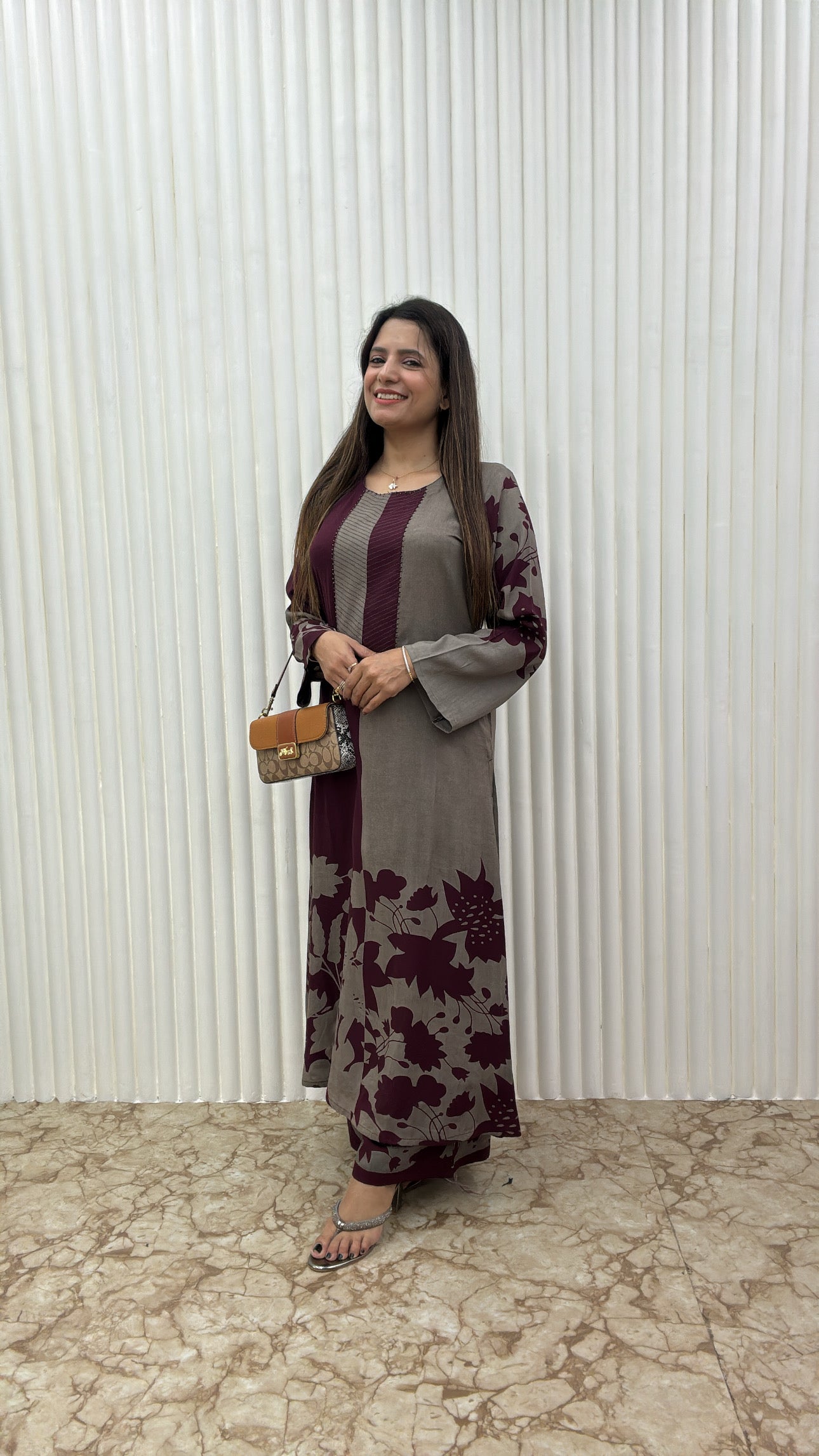 Premium Viscose German Rayon Long Co-ord Set with C-Cut Pattern Plum Wine, grey combination