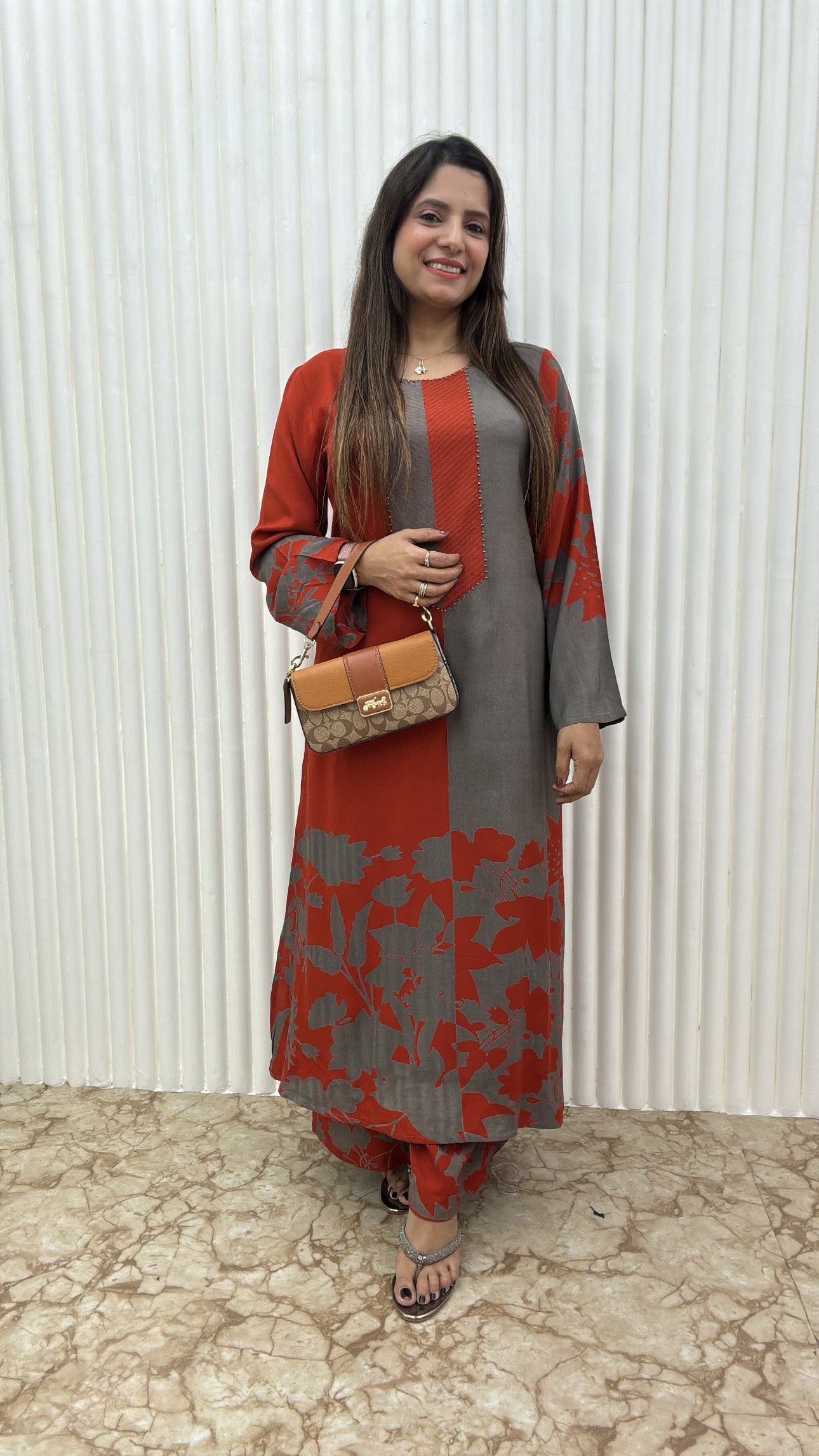 Premium Viscose German Rayon Long Co-ord Set with C-Cut Pattern Rust orange, grey combination