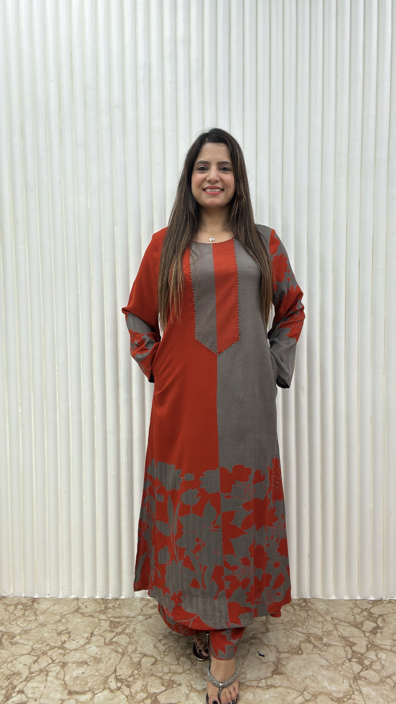 Premium Viscose German Rayon Long Co-ord Set with C-Cut Pattern Rust orange, grey combination