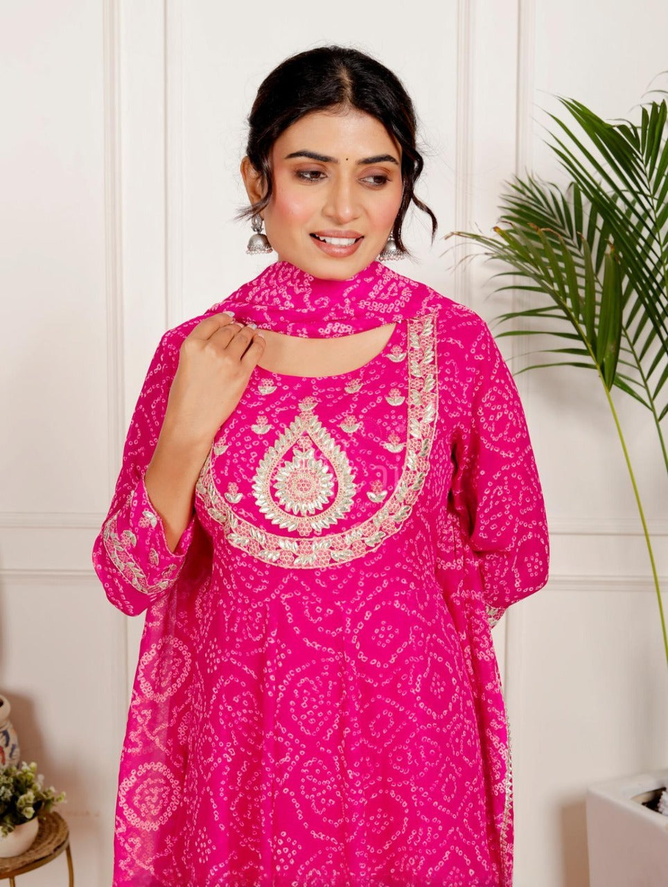 Pure Georgette Anarkali Mothra Leheriya Print 3pc Set Pink Color