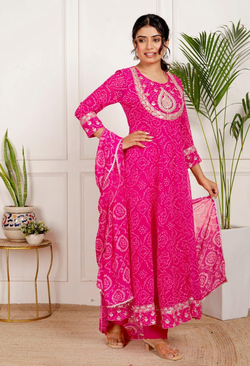 Pure Georgette Anarkali Mothra Leheriya Print 3pc Set Pink Color