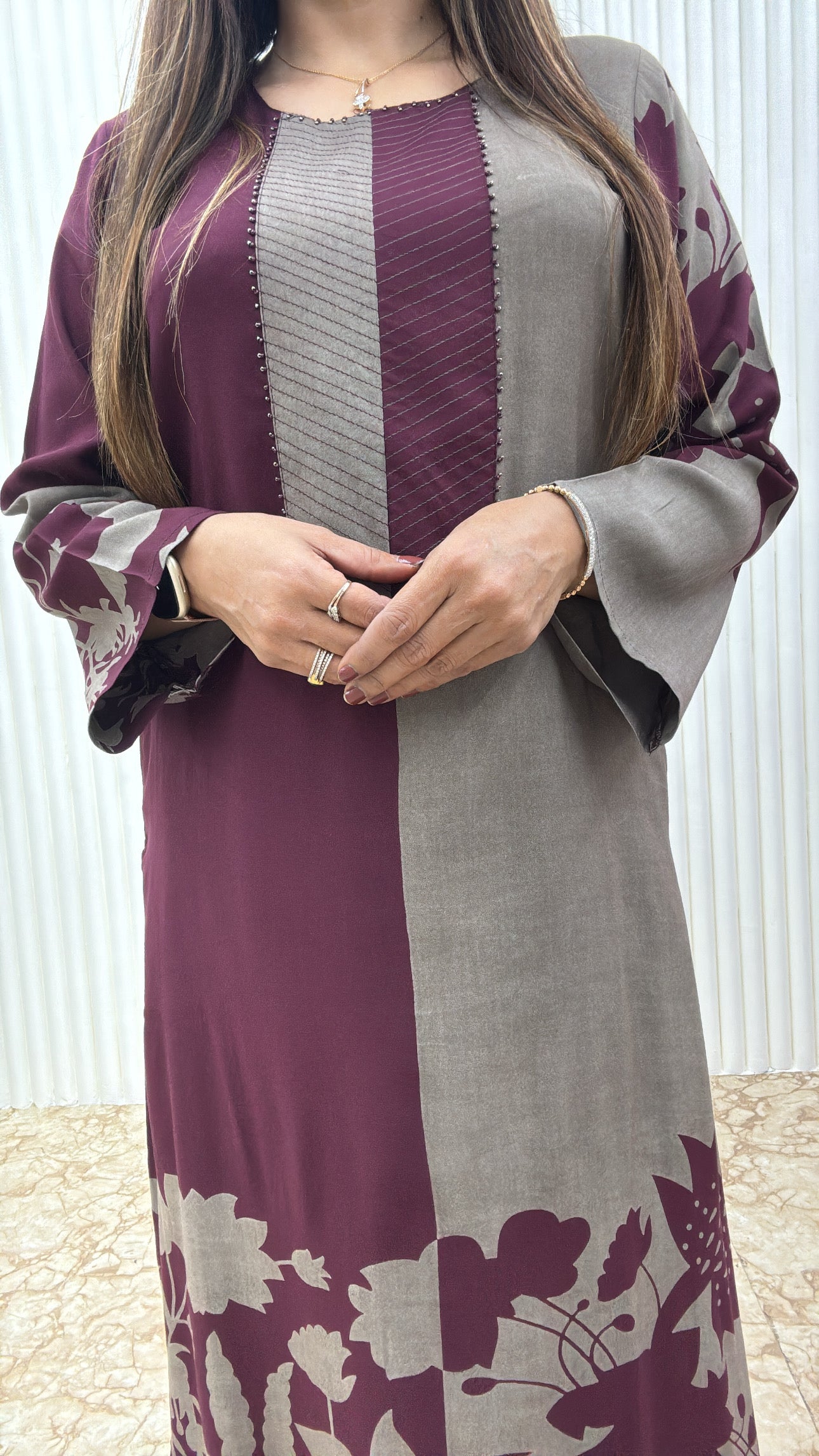 Premium Viscose German Rayon Long Co-ord Set with C-Cut Pattern Plum Wine, grey combination