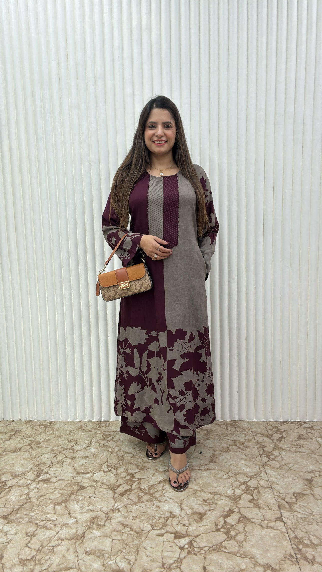 Premium Viscose German Rayon Long Co-ord Set with C-Cut Pattern Plum Wine, grey combination