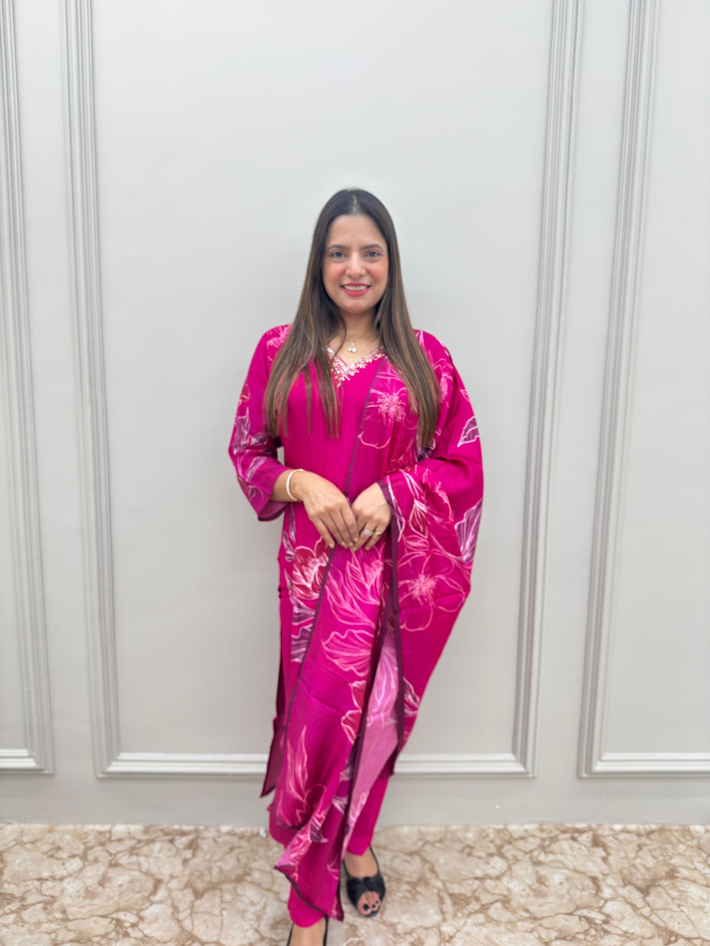 Elegant Pure malai Muslin Party wear 3 Pc set - Rani pink colour