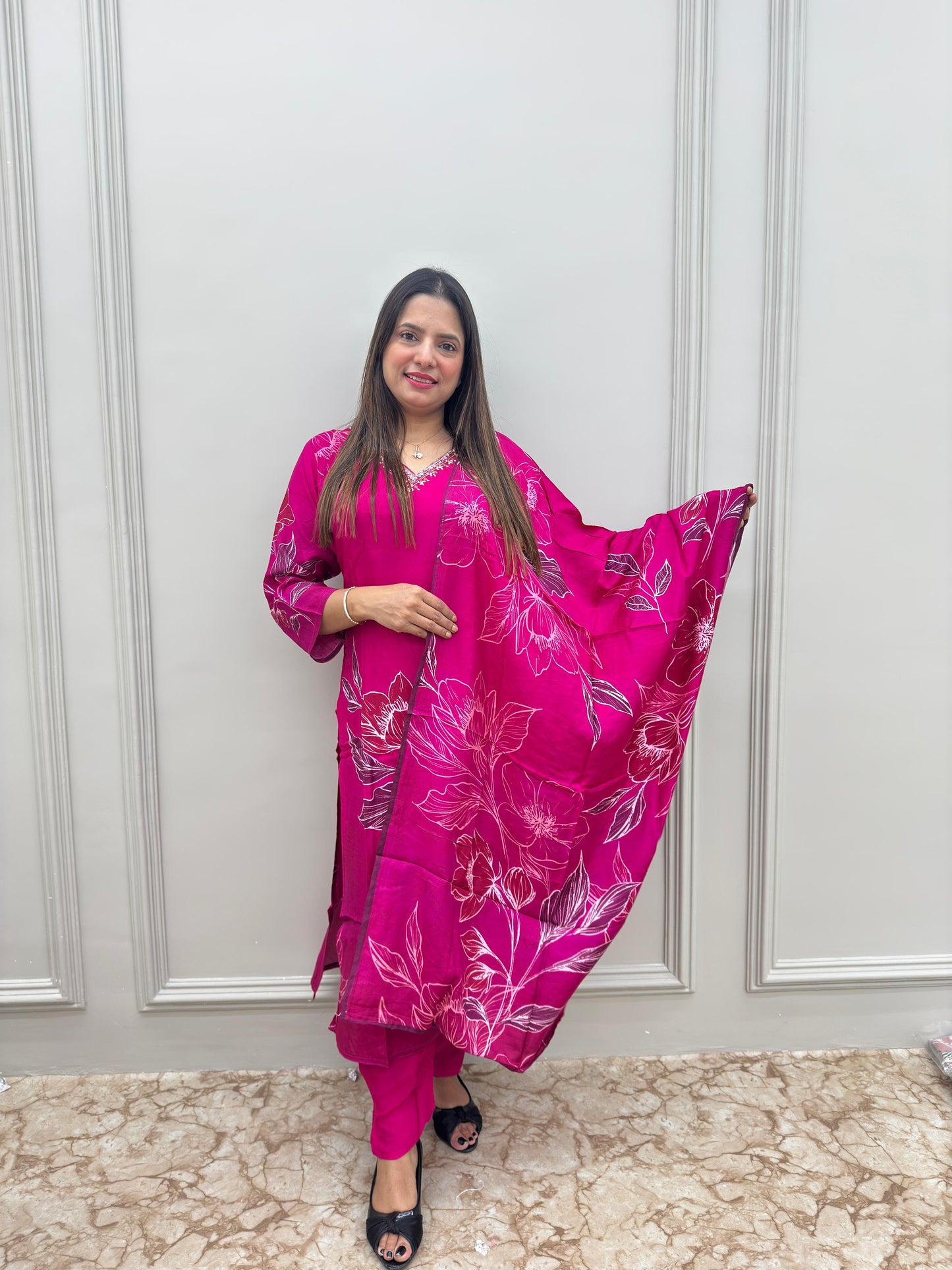Elegant Pure malai Muslin Party wear 3 Pc set - Rani pink colour
