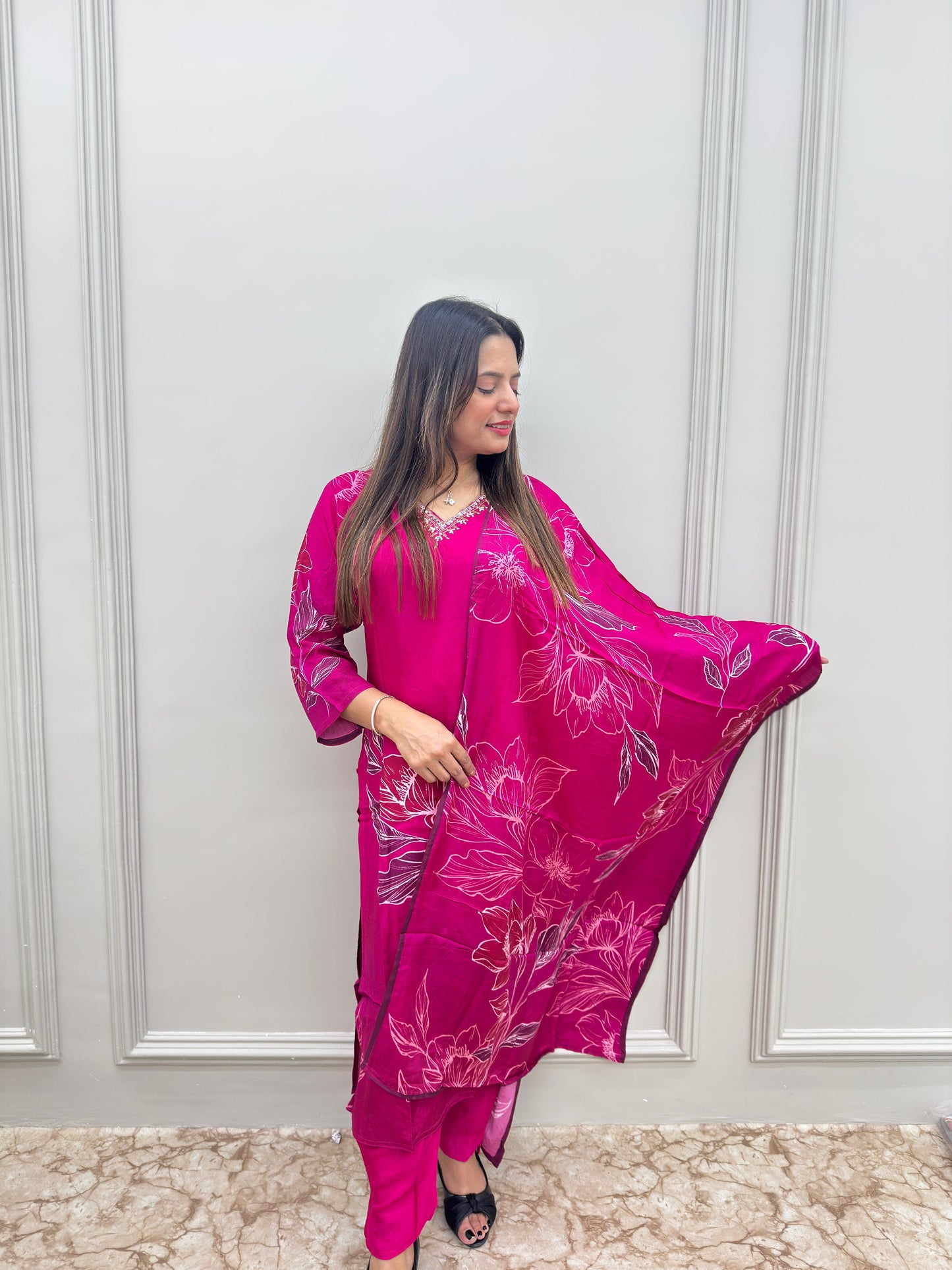 Elegant Pure malai Muslin Party wear 3 Pc set - Rani pink colour