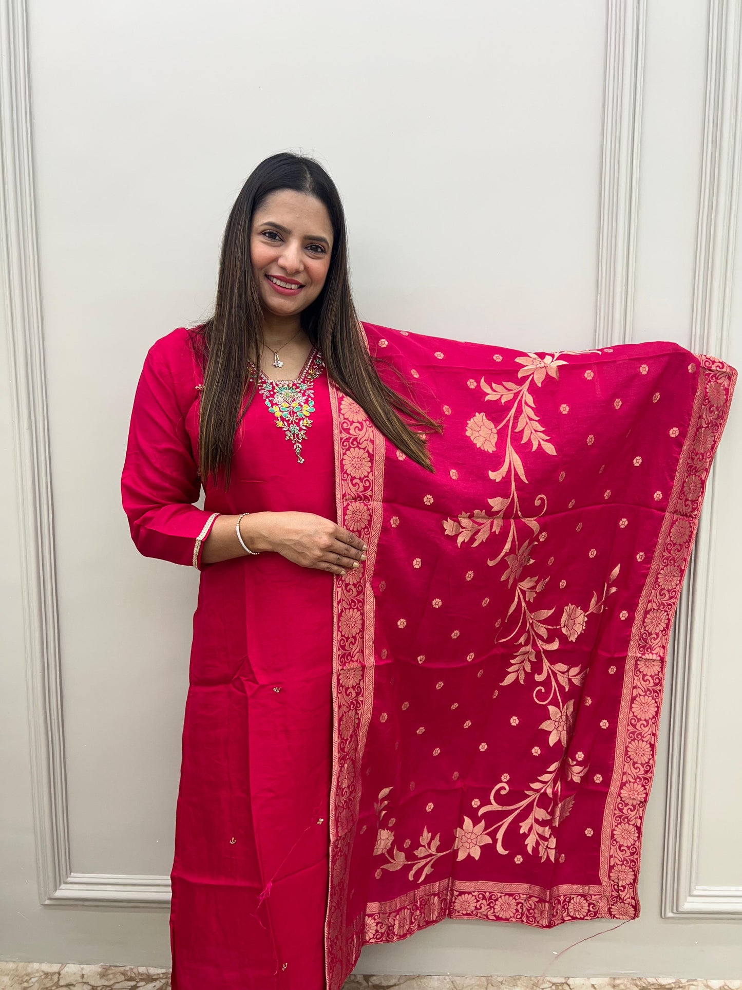 Elegant Handwork Pure Dola silk Party wear article with organza duppata- Rani color
