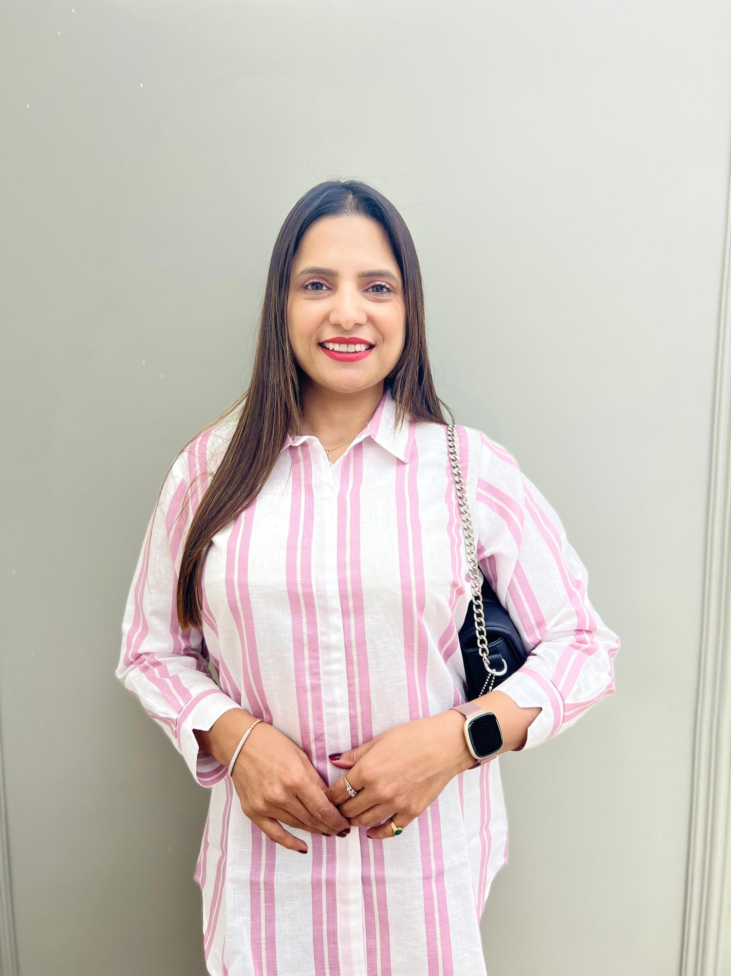 Pure Linen Cotton Shirts White Color With pink line