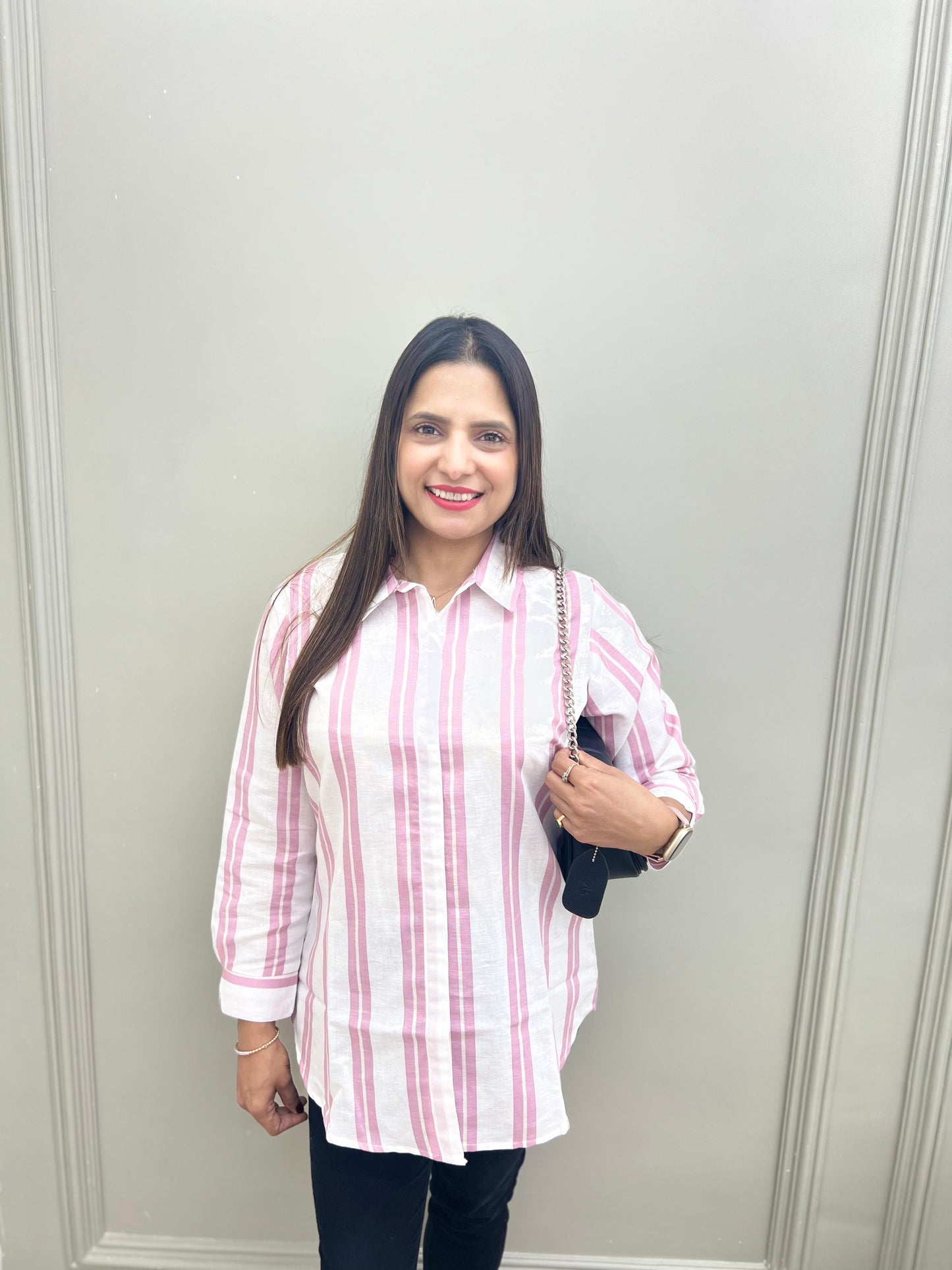 Pure Linen Cotton Shirts White Color With pink line