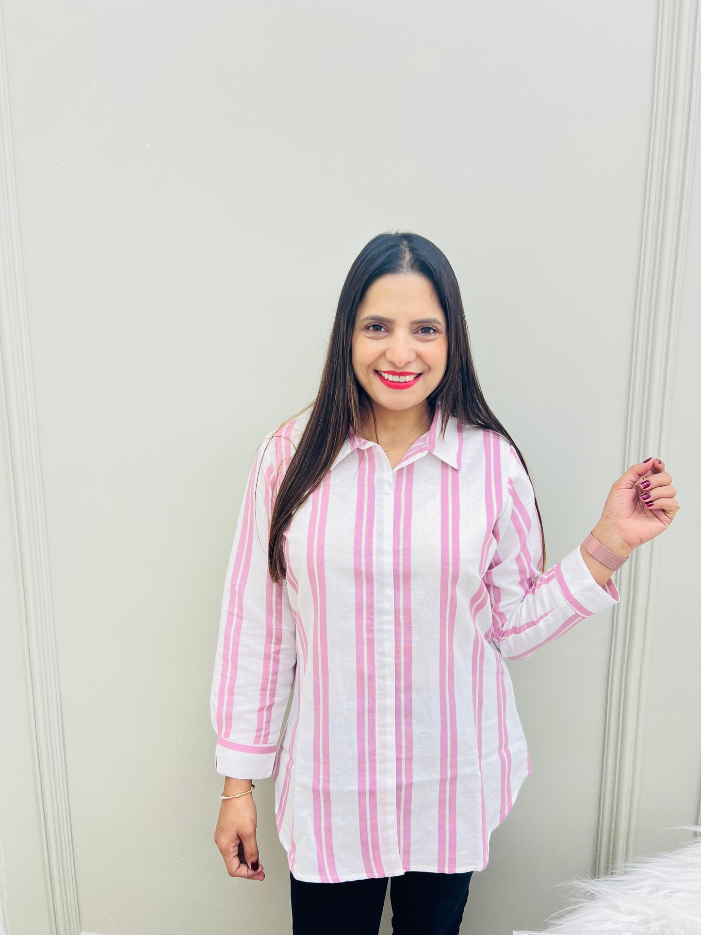 Pure Linen Cotton Shirts White Color With pink line