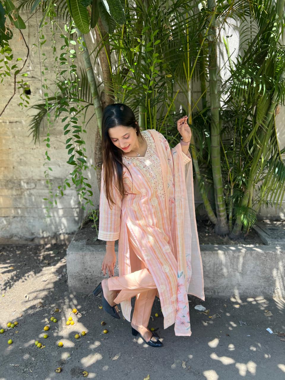 PURE LINEN JAAM-DANI Weaving 3 PC SET-PEACH PINK COLOR