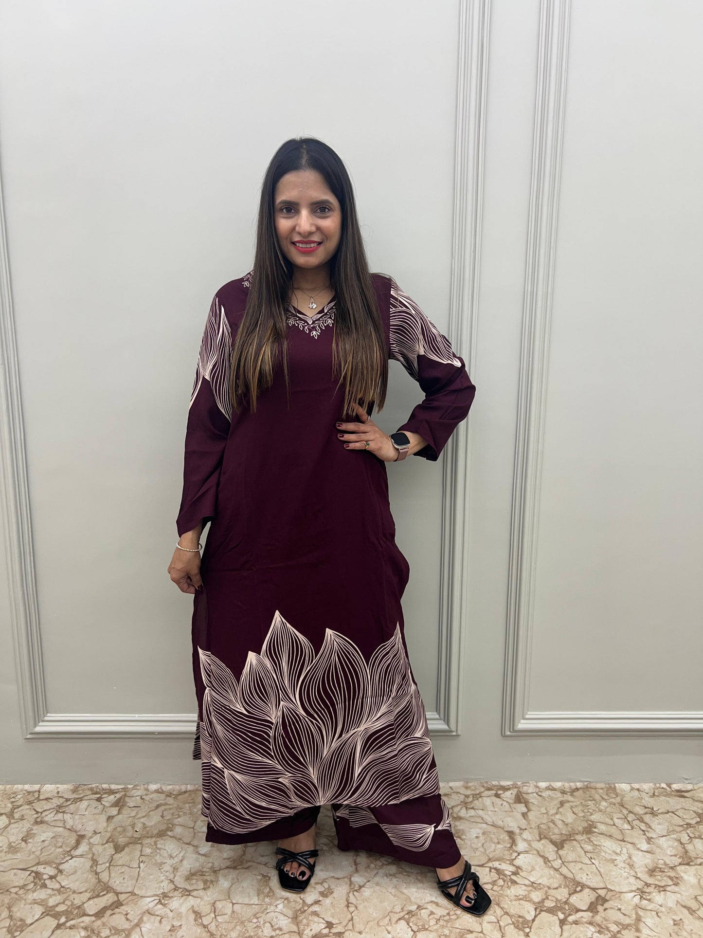 GFH Signature Premium Viscose German Rayon Long Co-ord Set with C-Cut Pattern Wine & Purple Color