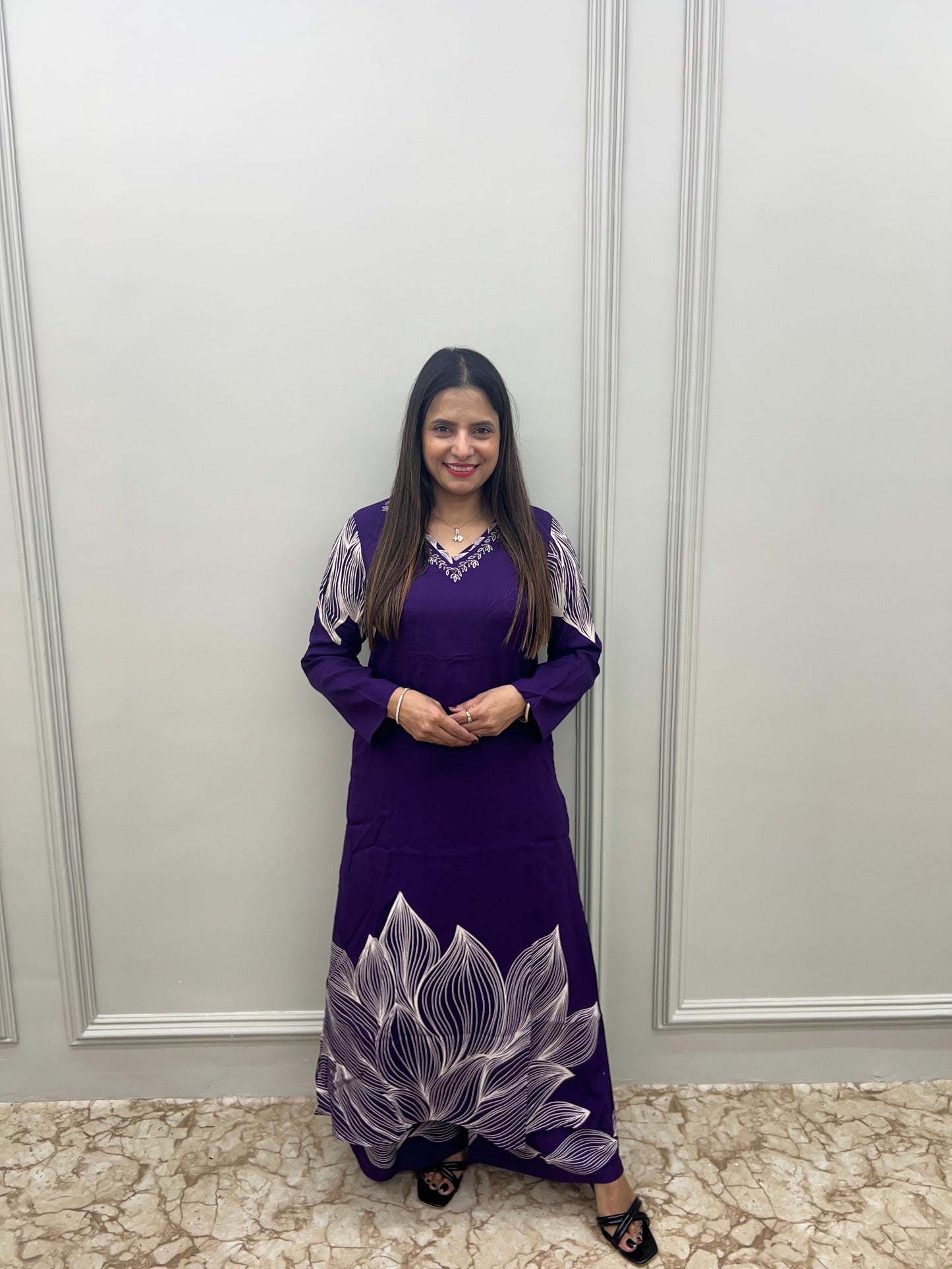 GFH Signature Premium Viscose German Rayon Long Co-ord Set with C-Cut Pattern Wine & Purple Color