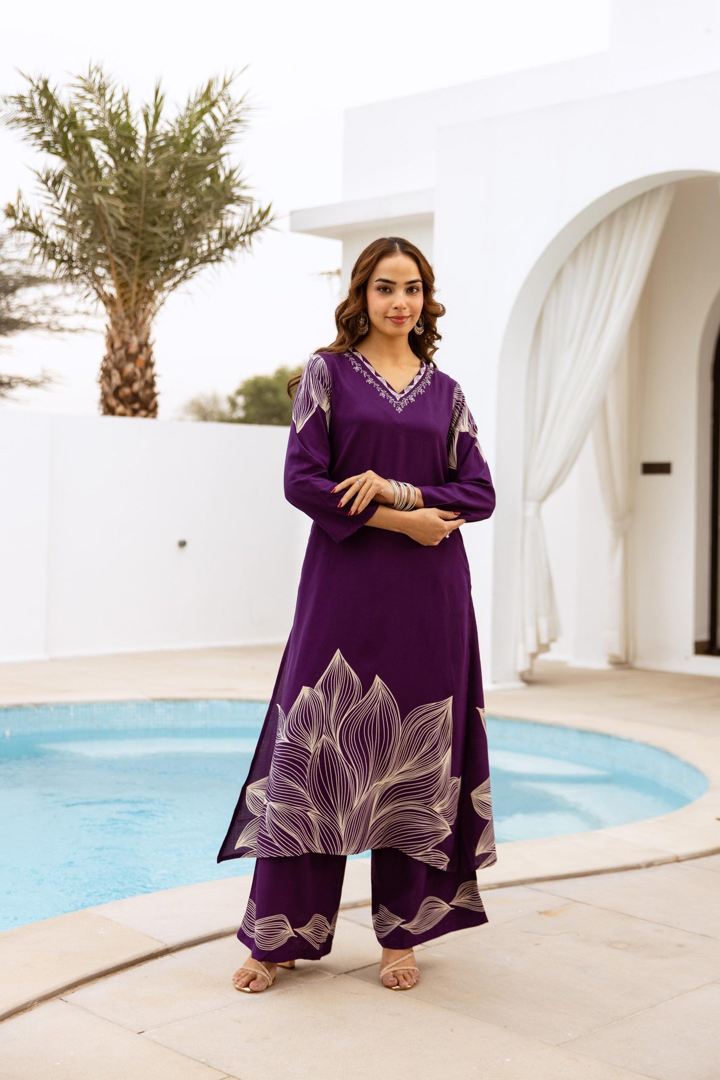 GFH Signature Premium Viscose German Rayon Long Co-ord Set with C-Cut Pattern Wine & Purple Color
