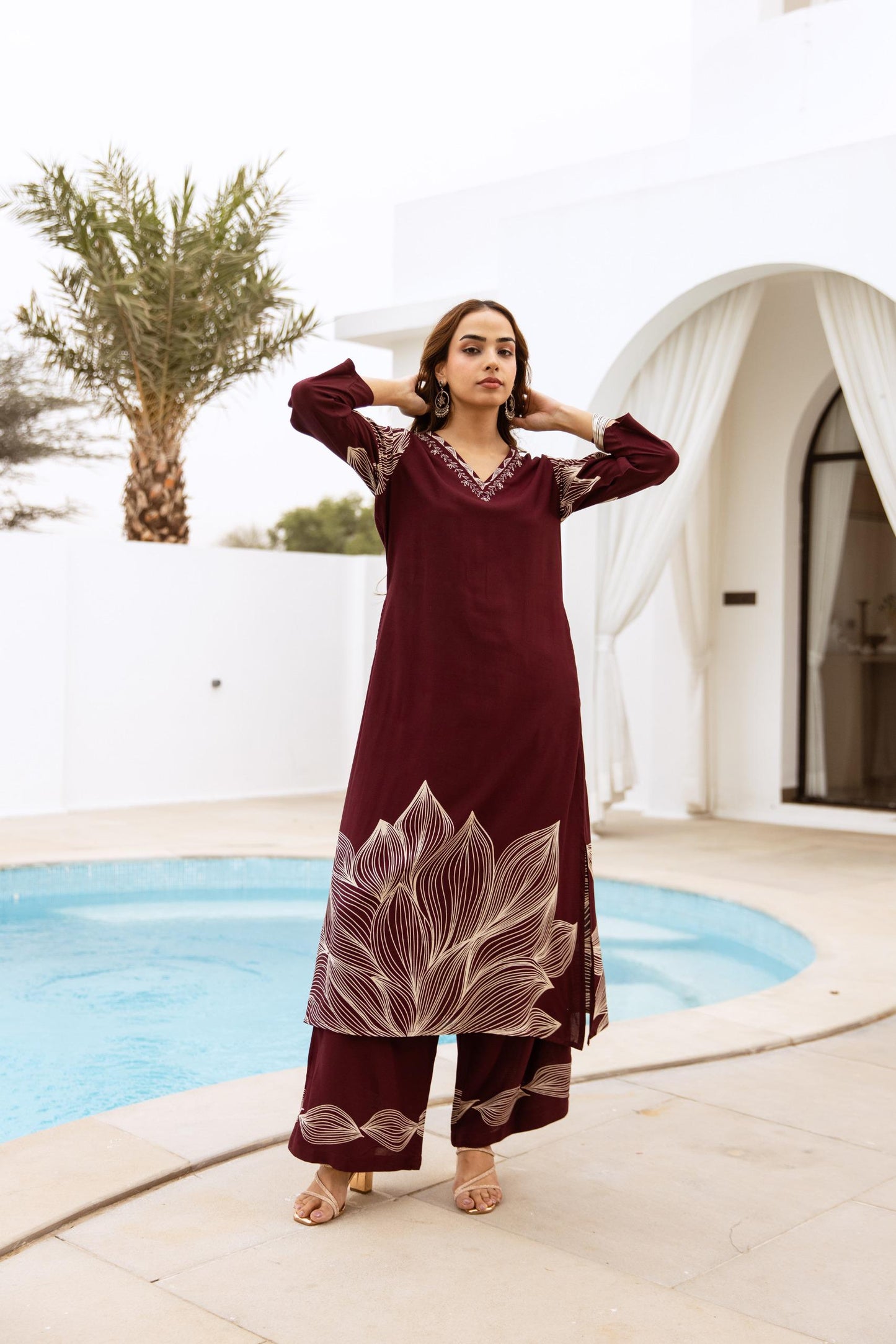 GFH Signature Premium Viscose German Rayon Long Co-ord Set with C-Cut Pattern Wine & Purple Color