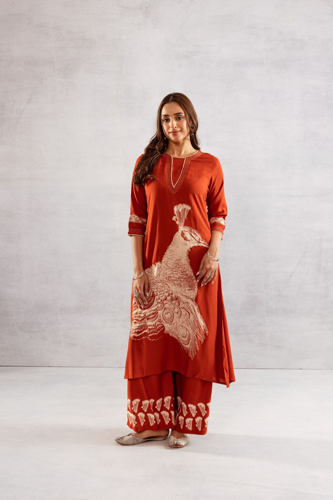 GFH Signature Premium Viscose German Rayon Long Co-ord Set with C-Cut Pattern Red Color