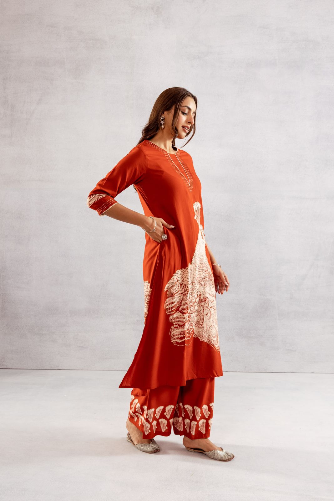 GFH Signature Premium Viscose German Rayon Long Co-ord Set with C-Cut Pattern Red Color