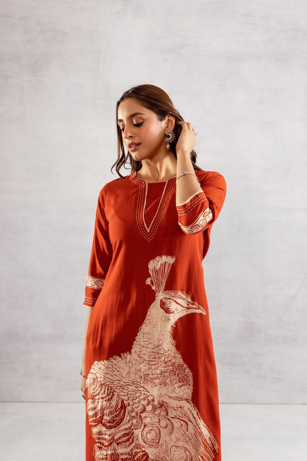 GFH Signature Premium Viscose German Rayon Long Co-ord Set with C-Cut Pattern Red Color