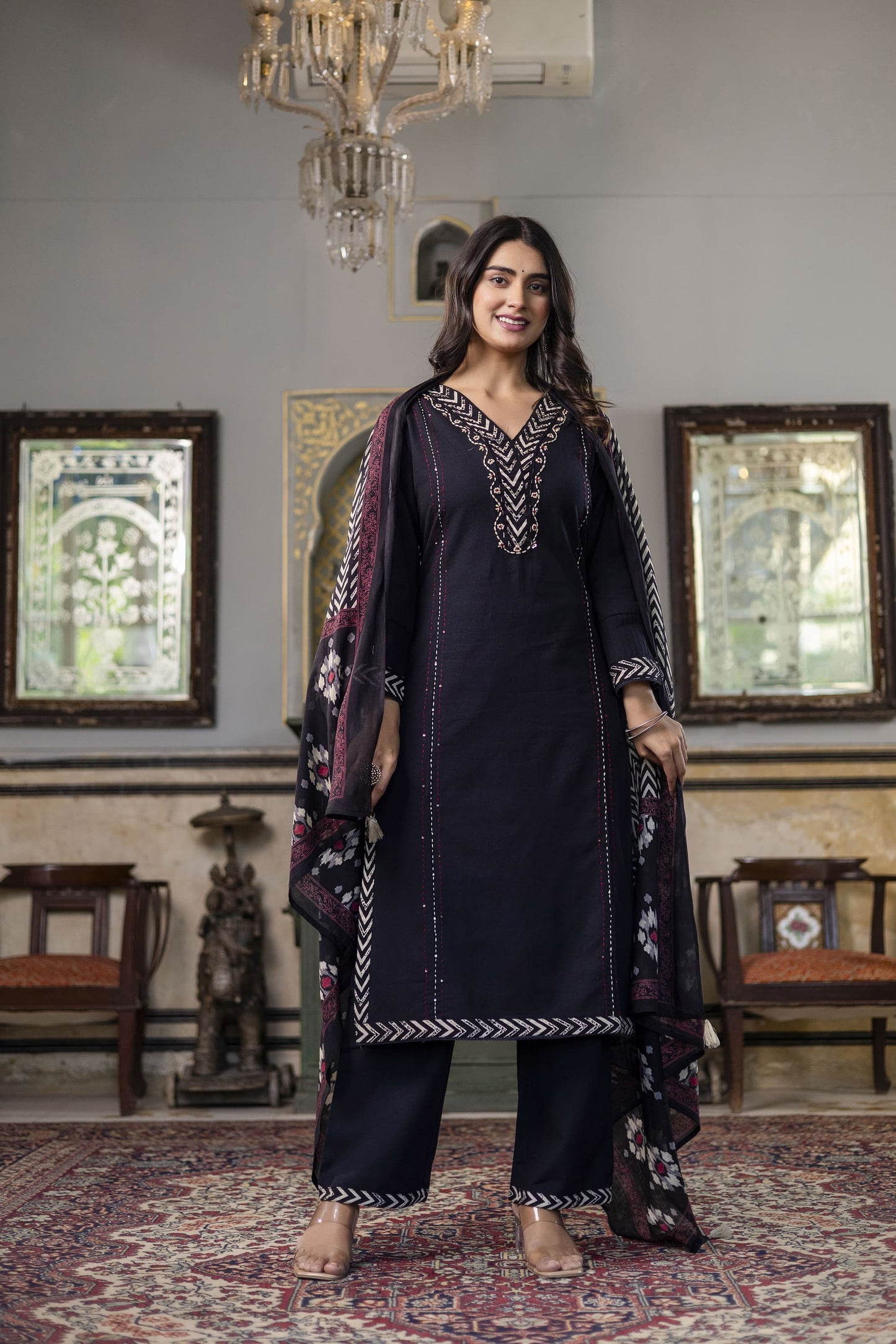 Pure Flex cotton 3 Pc suit With Katha detailing on neck black