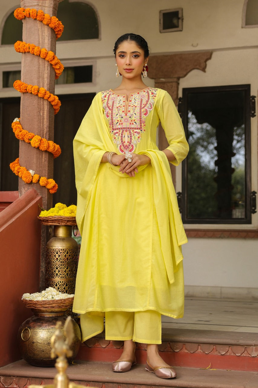 Pure Mull Cotton A- Line 3 pc Suit With Premium Embroidery Work in Pastel Colors