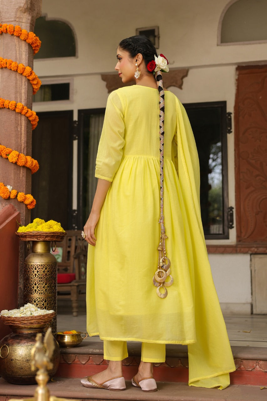 Pure Mull Cotton A- Line 3 pc Suit With Premium Embroidery Work in Pastel Colors