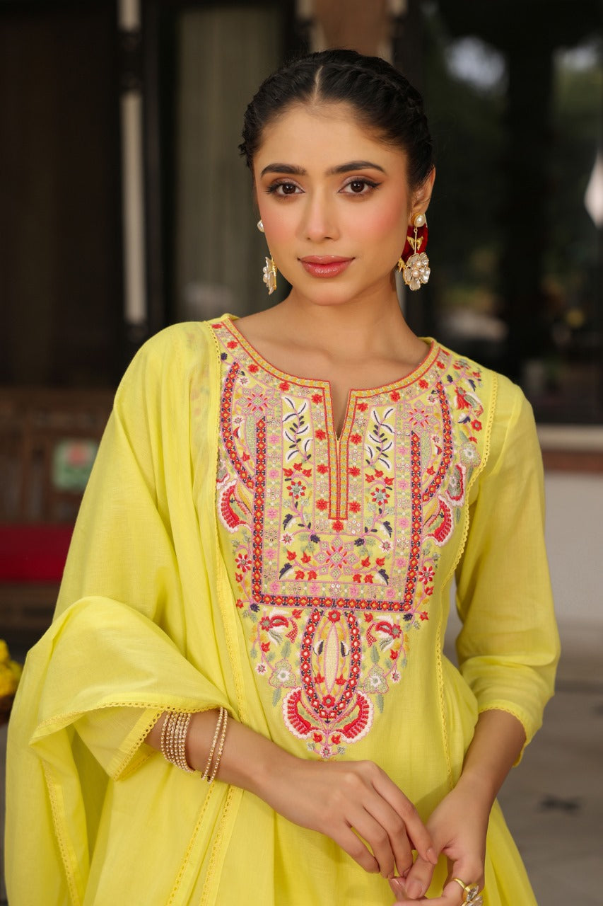 Pure Mull Cotton A- Line 3 pc Suit With Premium Embroidery Work in Pastel Colors