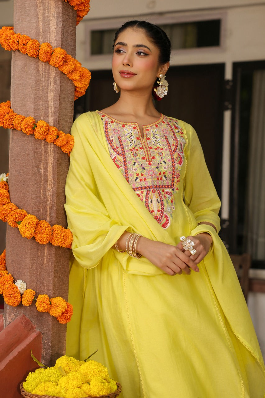 Pure Mull Cotton A- Line 3 pc Suit With Premium Embroidery Work in Pastel Colors