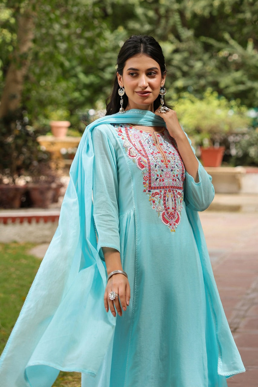 Pure Mull Cotton A- Line 3 pc Suit With Premium Embroidery Work in Pastel or sky blue color