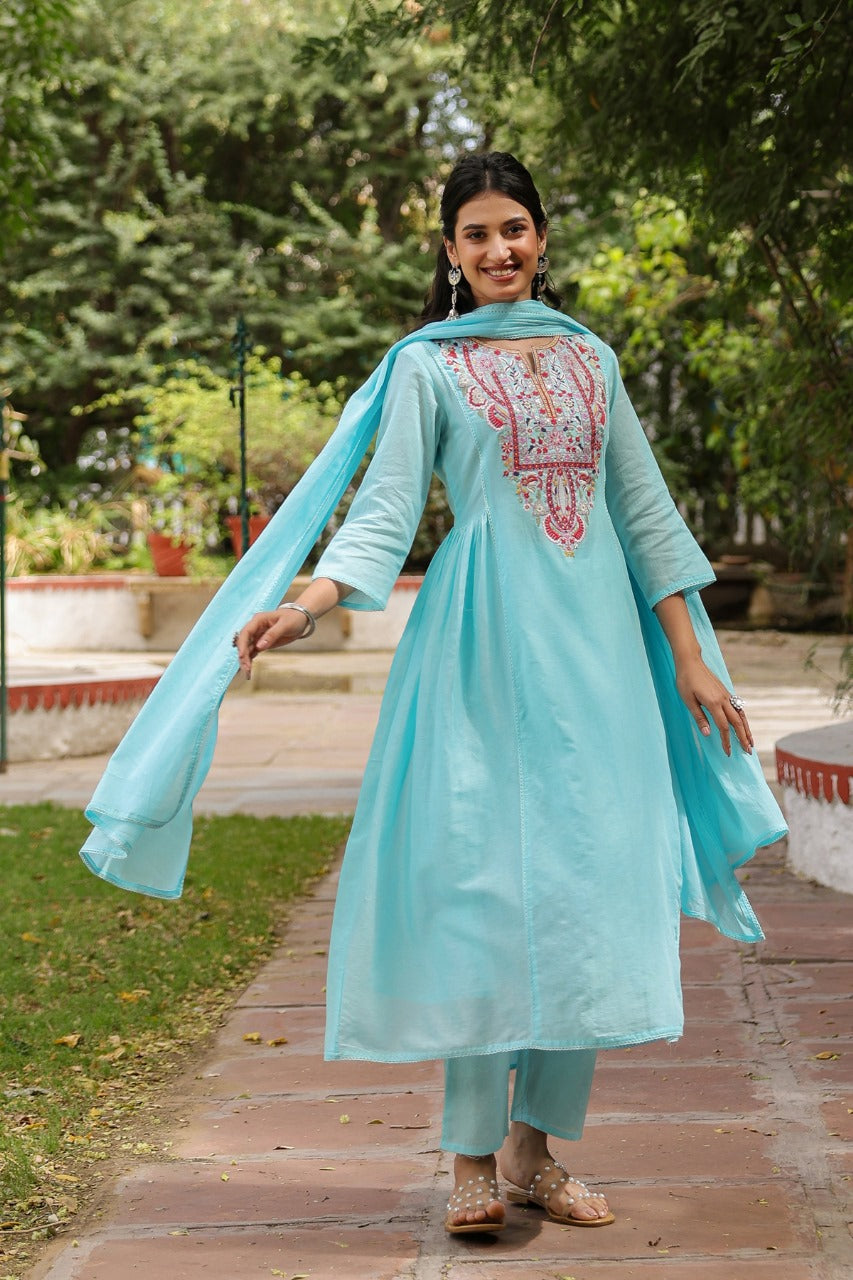 Pure Mull Cotton A- Line 3 pc Suit With Premium Embroidery Work in Pastel or sky blue color