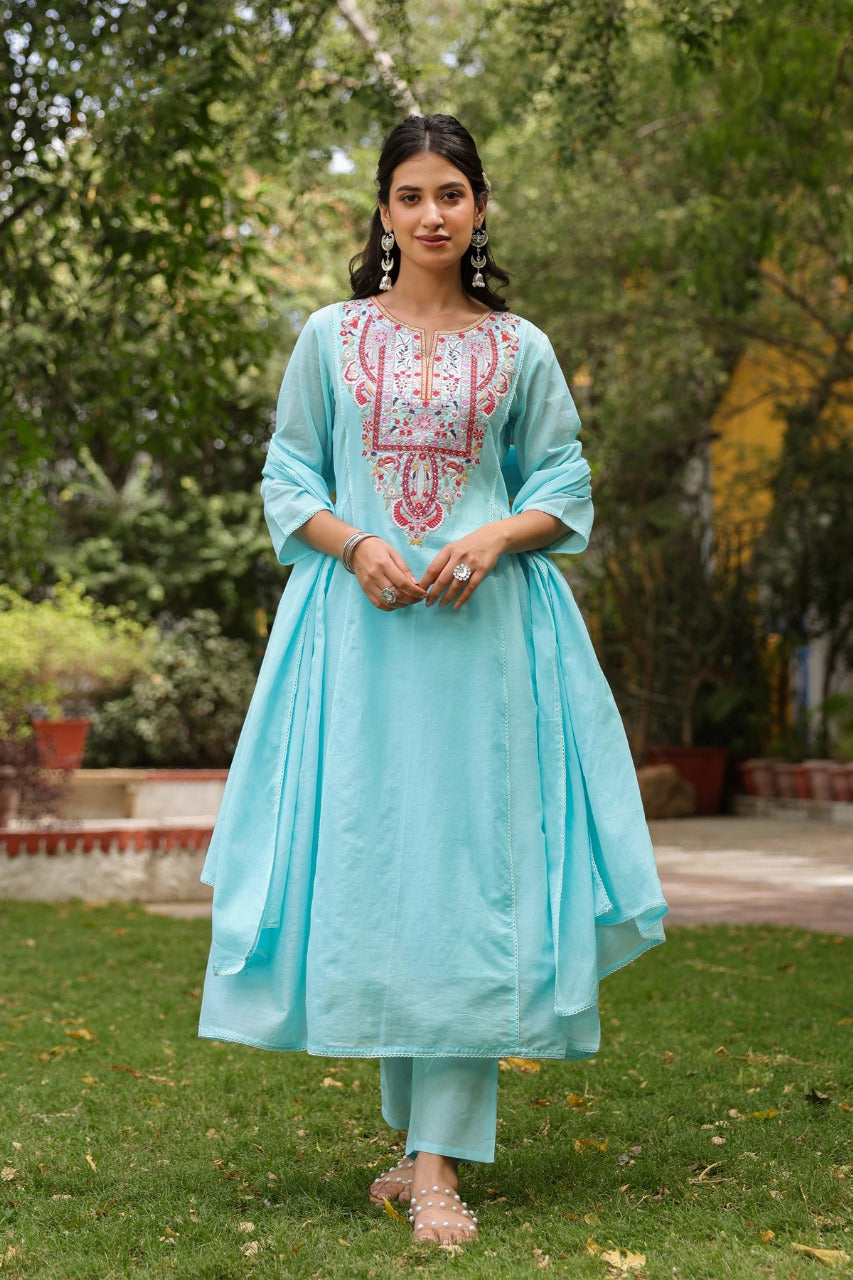 Pure Mull Cotton A- Line 3 pc Suit With Premium Embroidery Work in Pastel or sky blue color