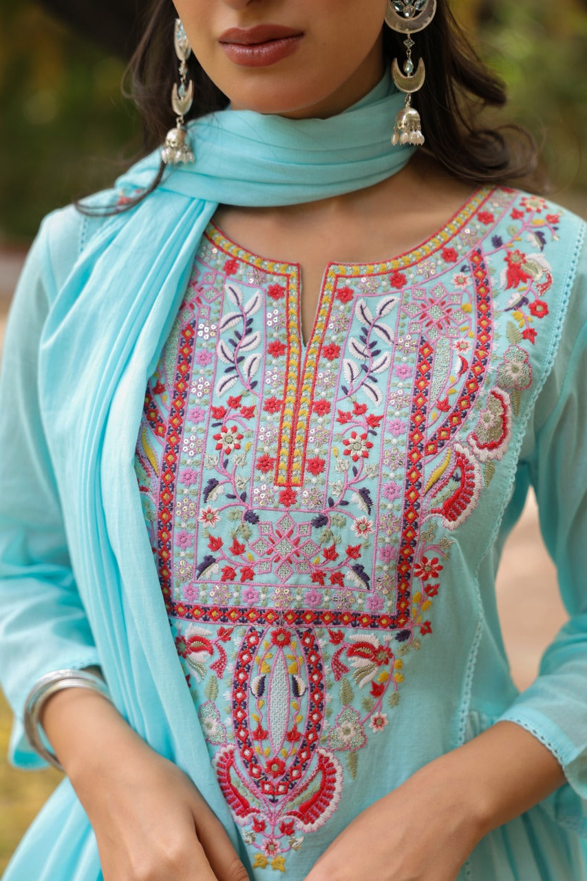 Pure Mull Cotton A- Line 3 pc Suit With Premium Embroidery Work in Pastel or sky blue color