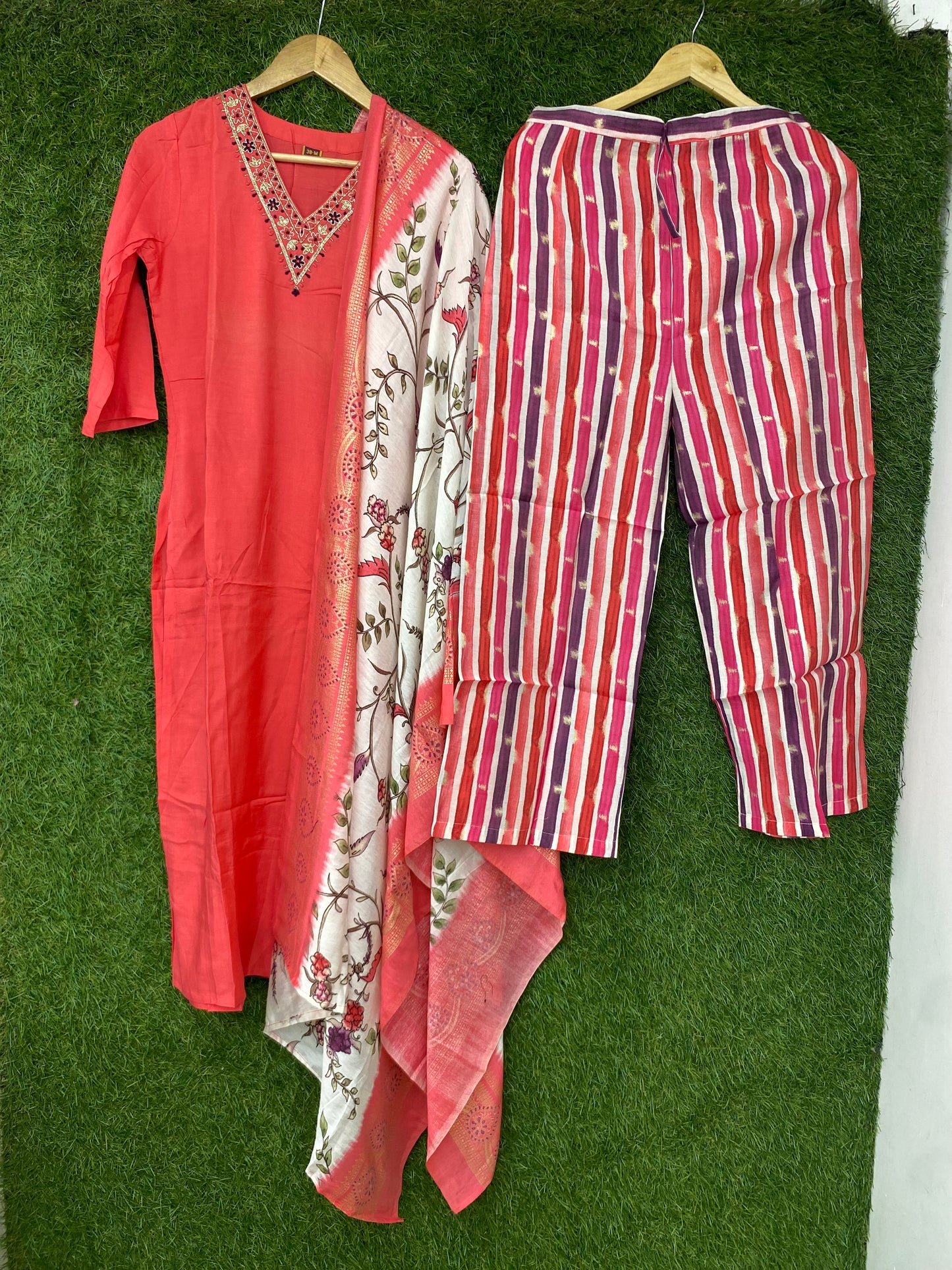 Pure Cotton Floral Print 3pc Set Orange Color