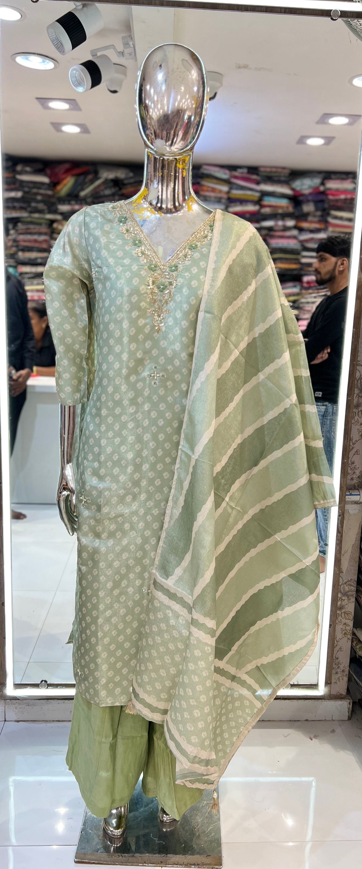 Pure Tissue Bandhej Print 3pc Set Pista Green Color